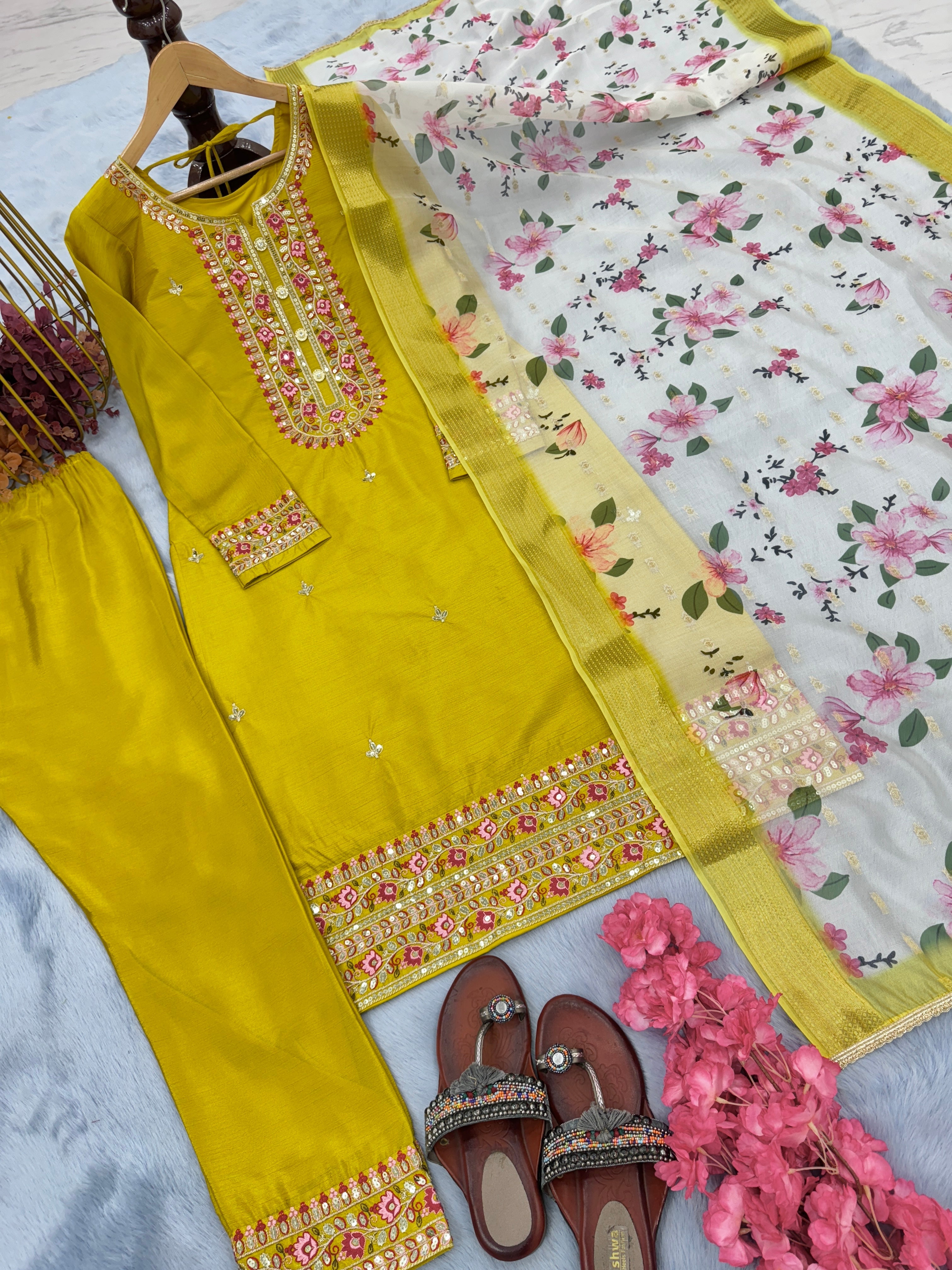 Designer Party Wear Look Silk Top Bottom & Dupatta Set