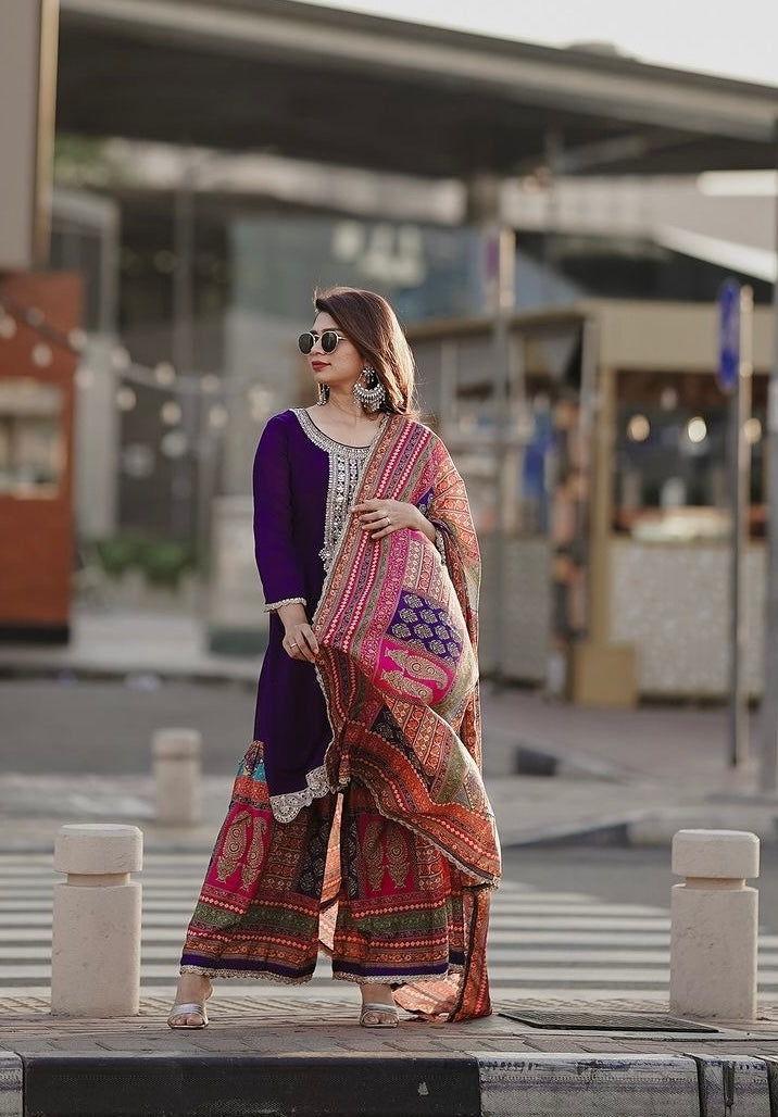 Party Wear Look Pure Chinon Silk Top Plazzo & Dupatta Set