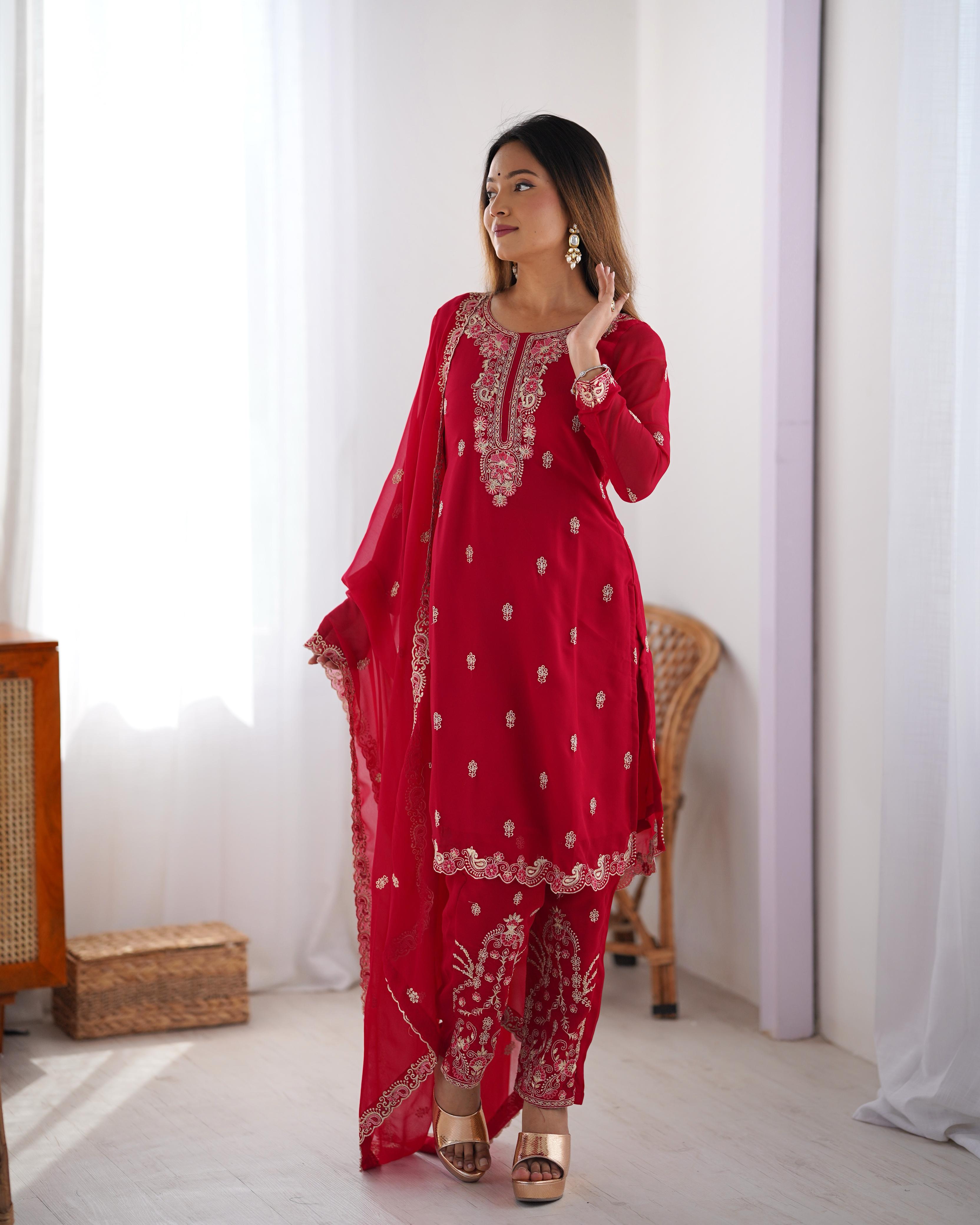 Designer Party Wear Top Bottom And Dupatta With Thread Work