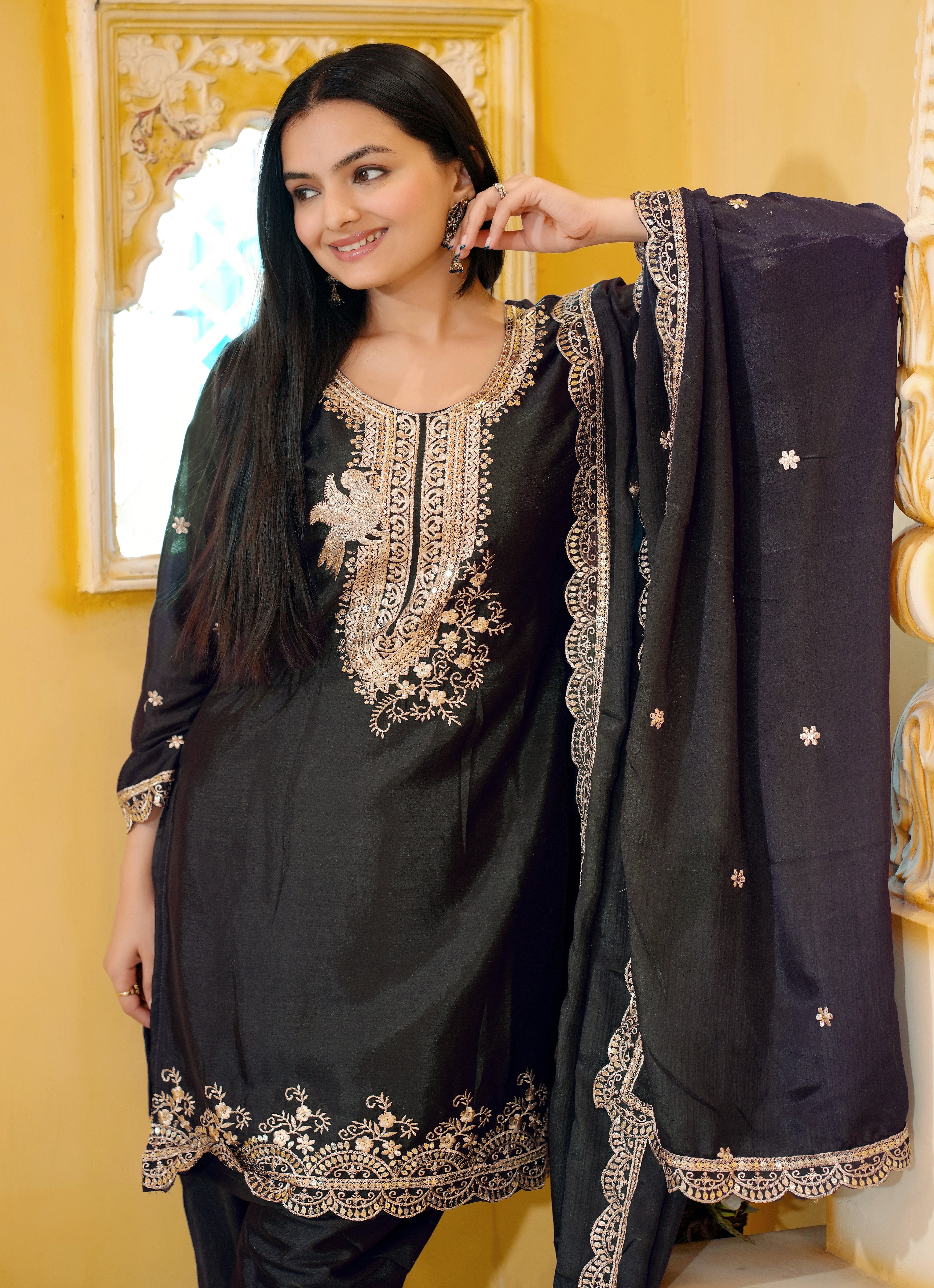 Designer Embroidered Chinon Dhoti Suit With Sequence Embroidered Work