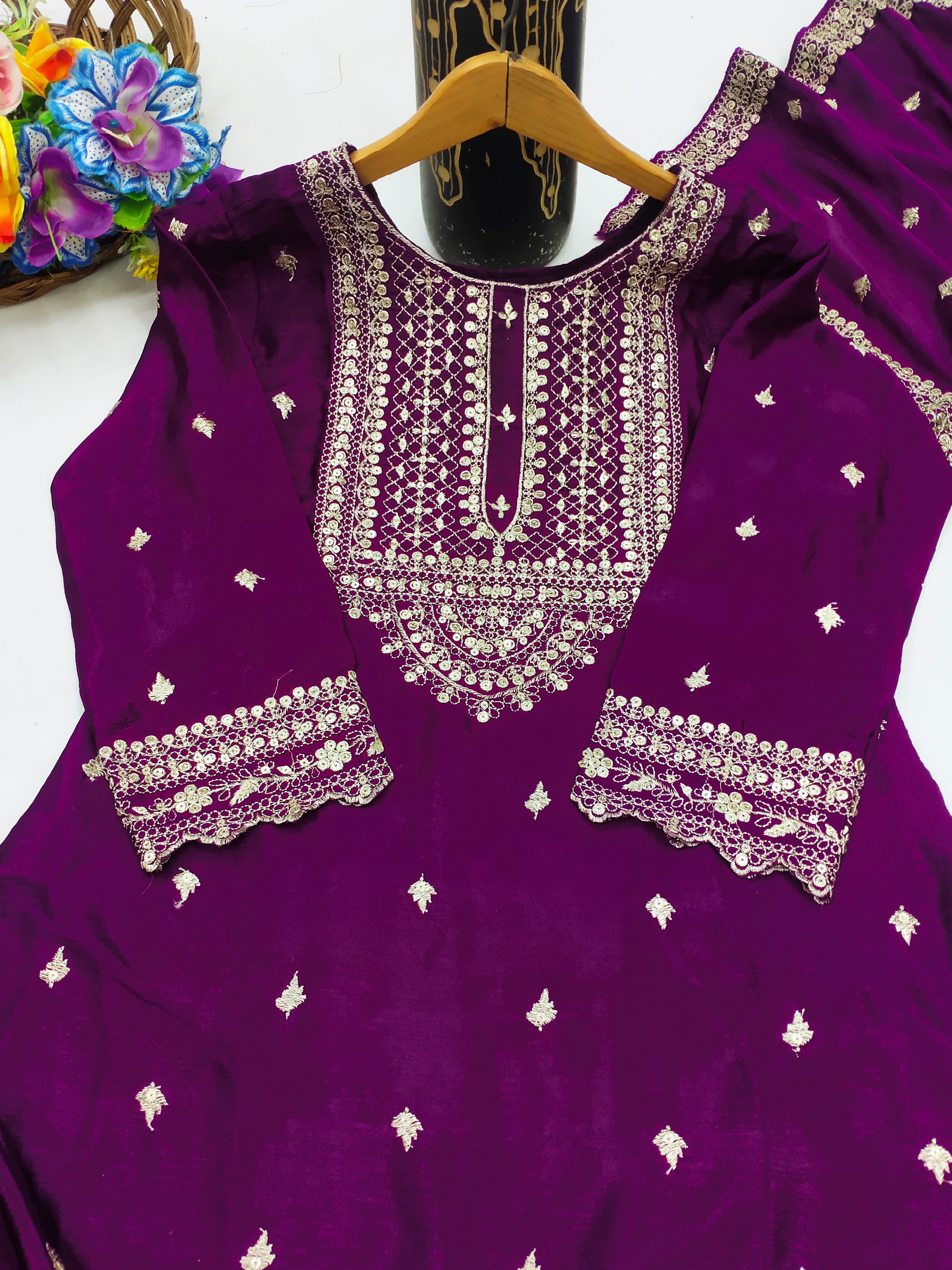 Designer Suit Sharara And Dupatta With Sequence Embroidered Work