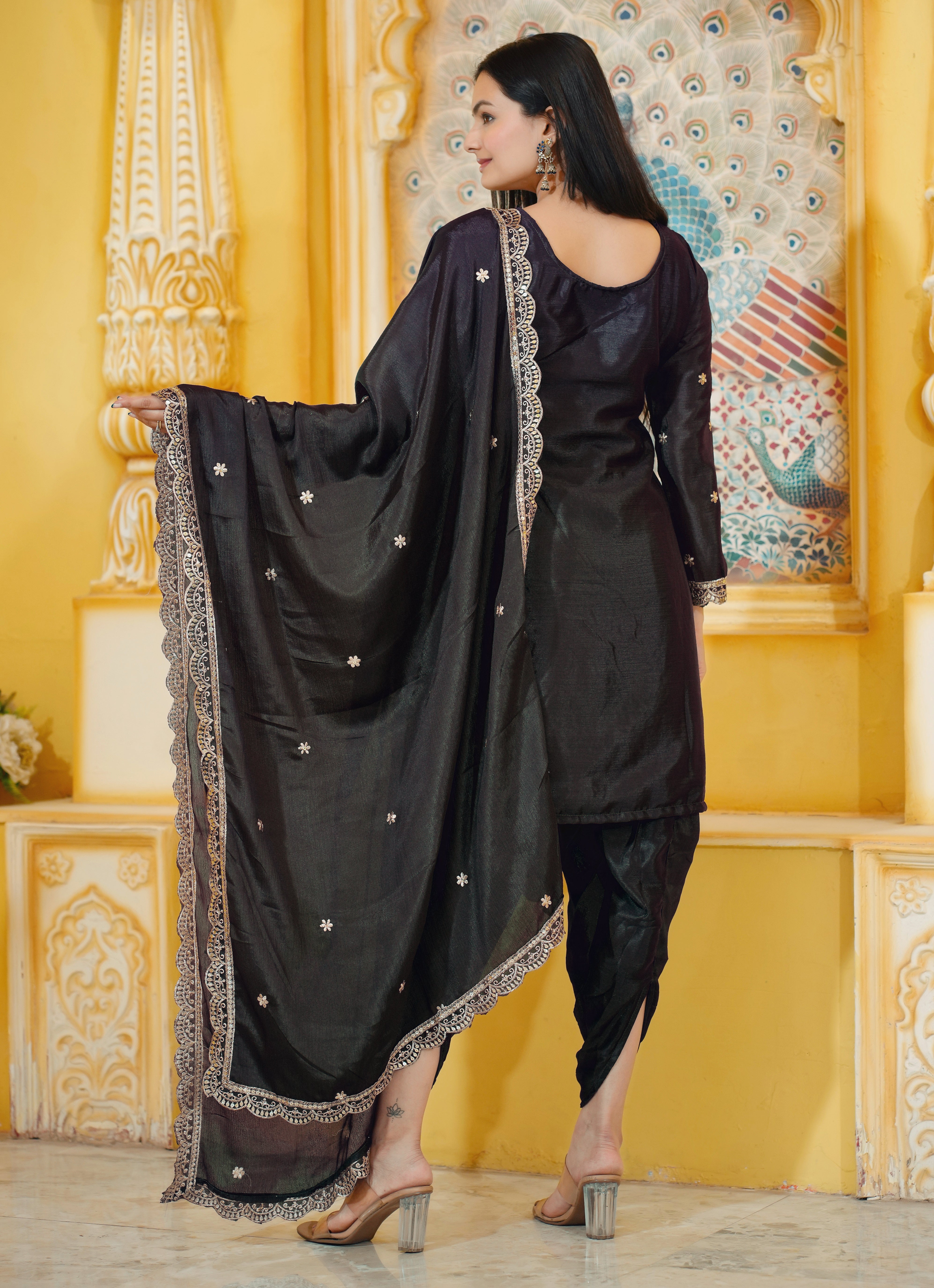 Designer Embroidered Chinon Dhoti Suit With Sequence Embroidered Work