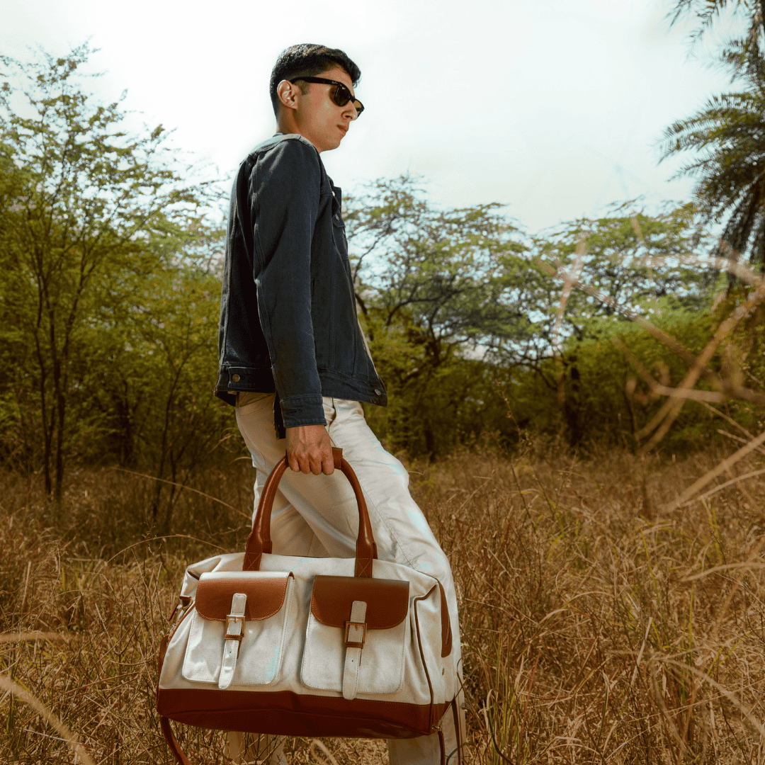 Ajax Vegan Leather Duffle Bag -Beige