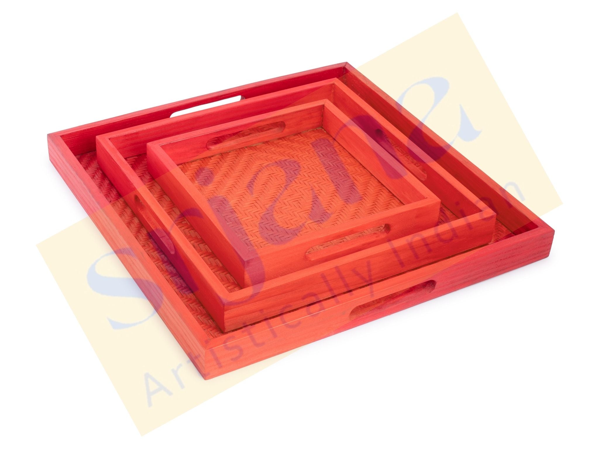 Handwoven Bamboo Red Tray Set