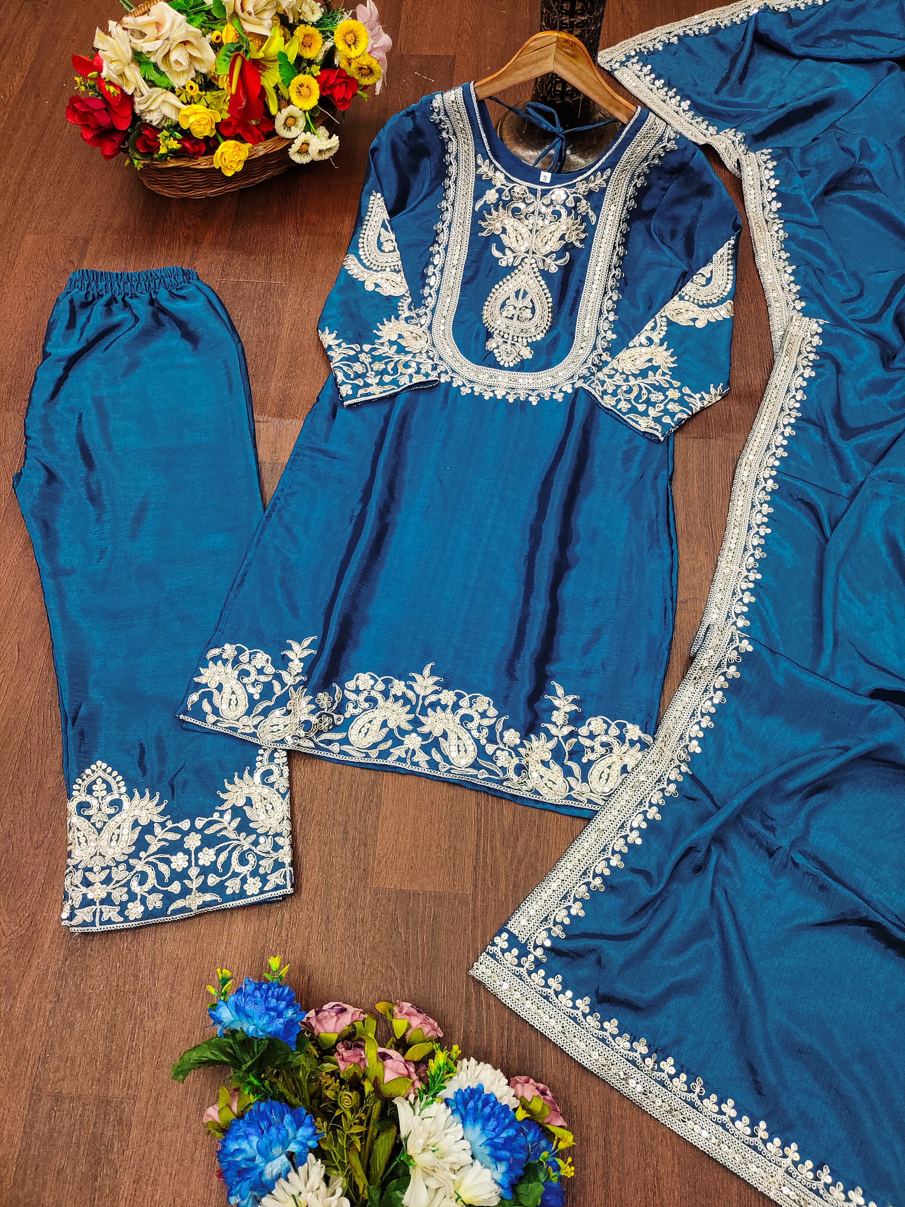 Designer Suit Set With Coding Sequence Embroidered Work