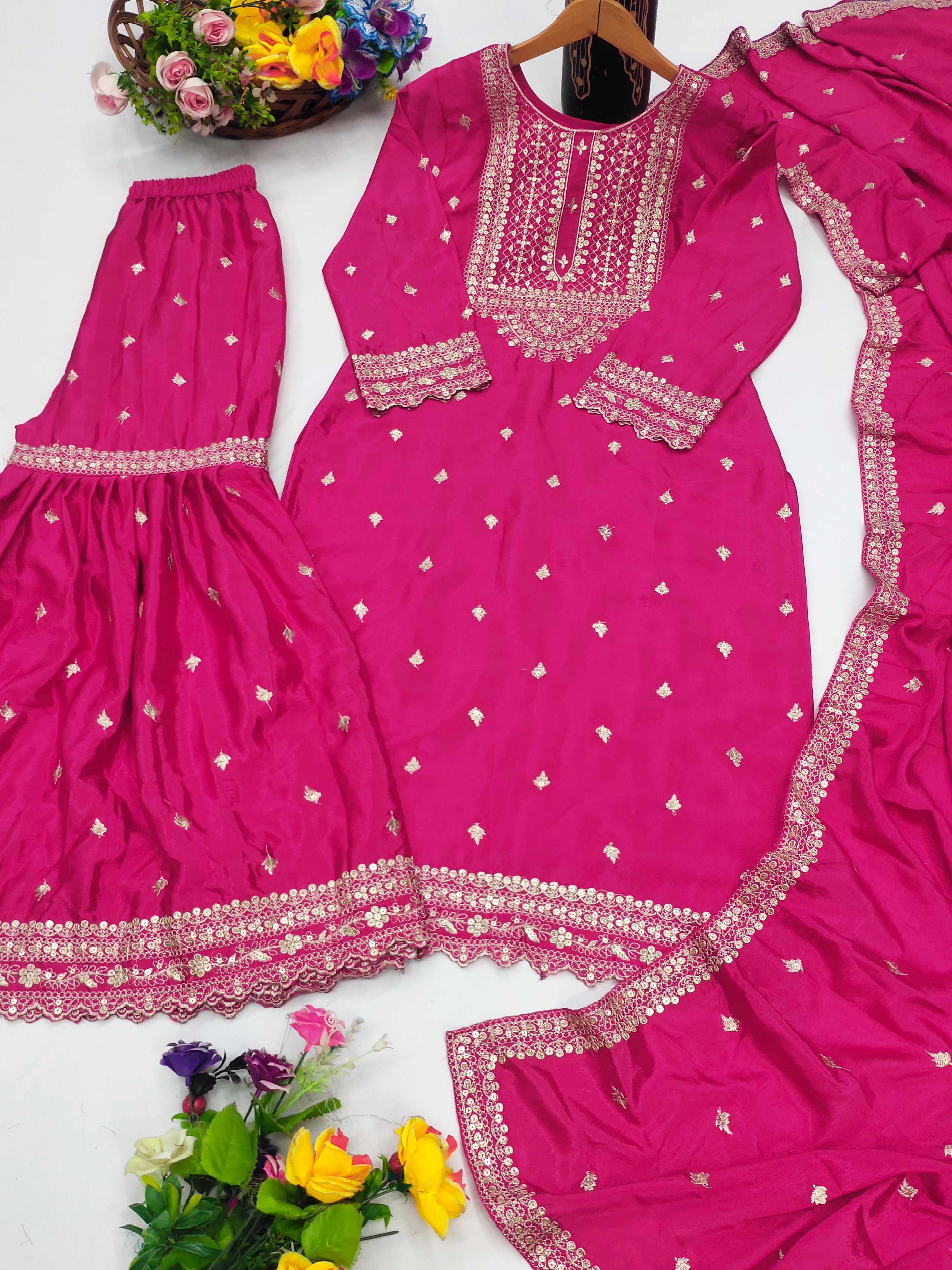 Designer Suit Sharara And Dupatta With Sequence Embroidered Work