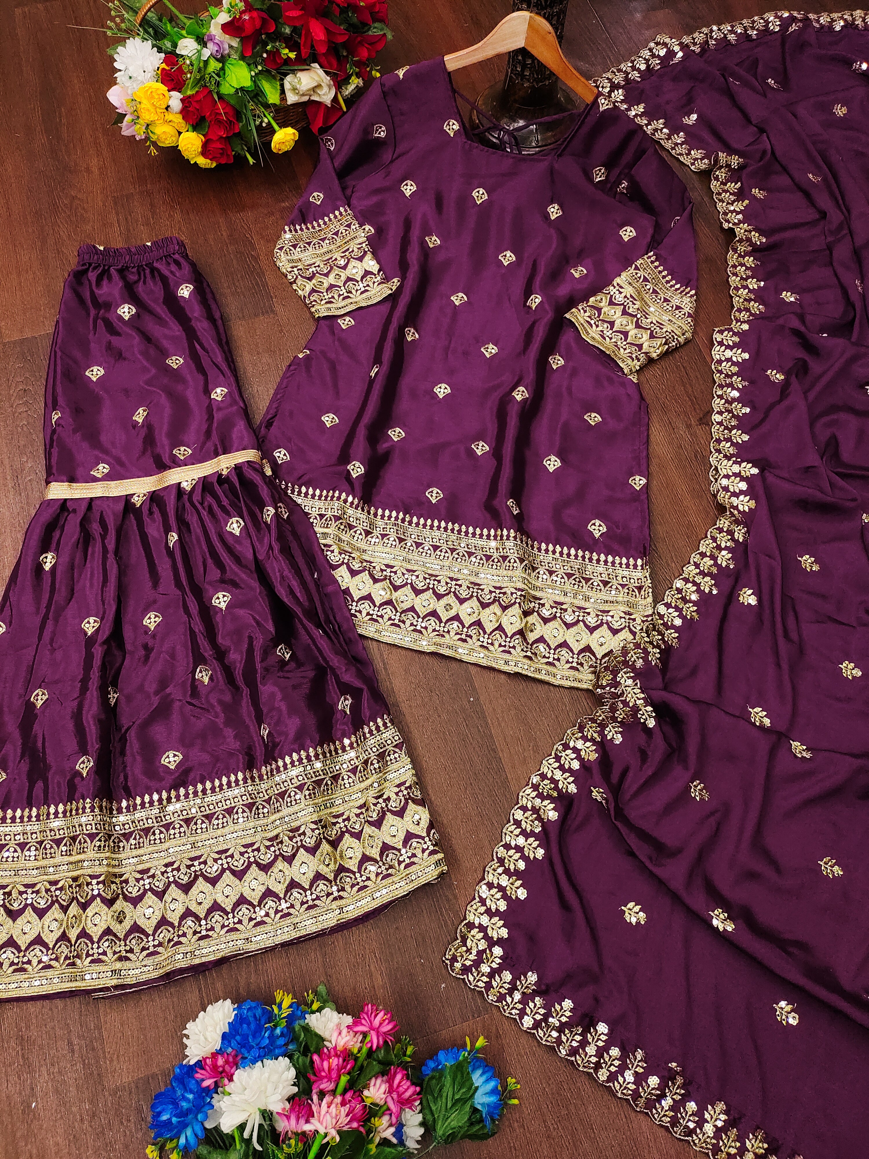 Designer Embroidered Chinon Suit With Sequence Embroidered Work