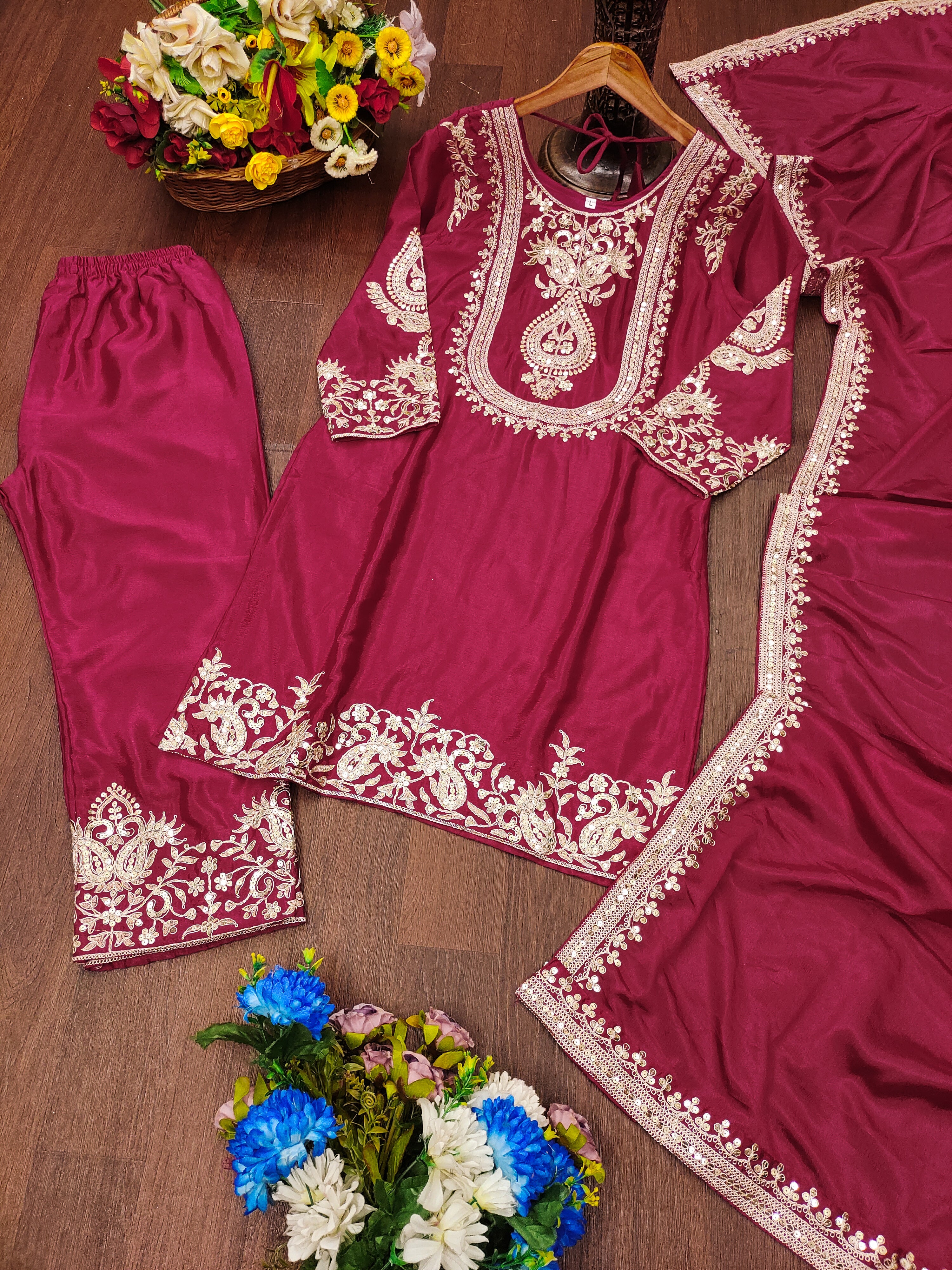 Designer Suit Set With Coding Sequence Embroidered Work