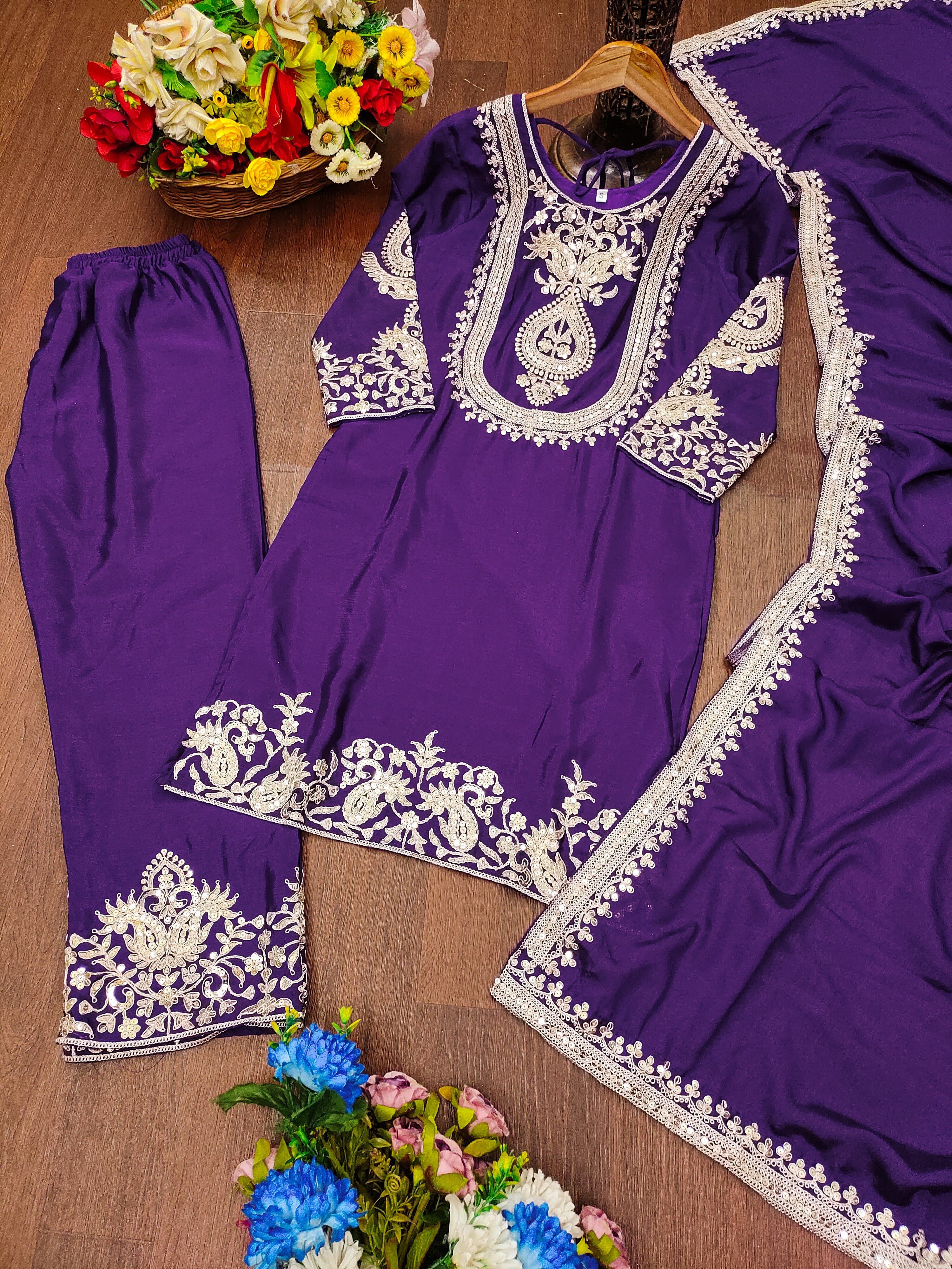 Designer Suit Set With Coding Sequence Embroidered Work
