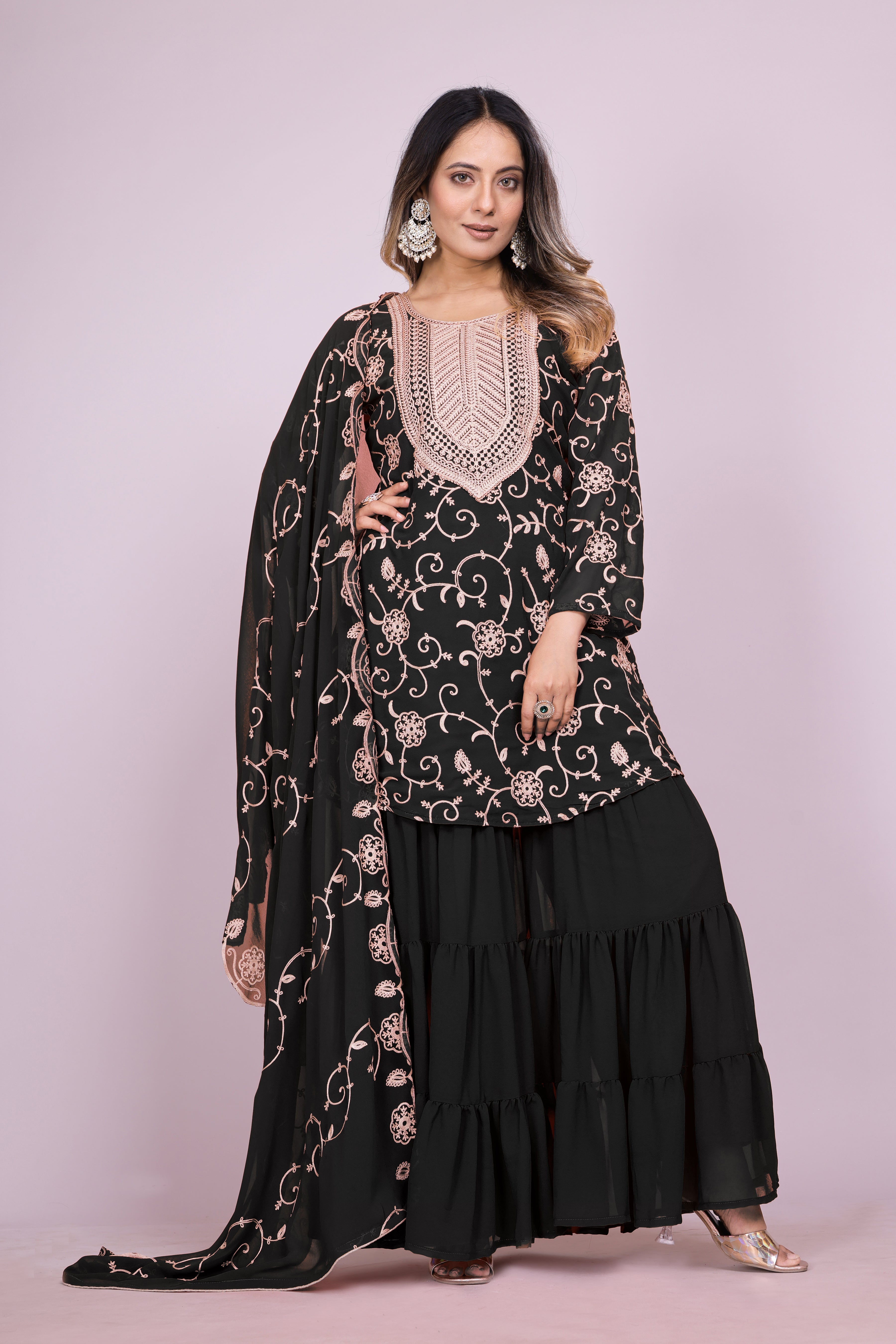 Designer Embroidered Georgette Sharara Suit With Dupatta