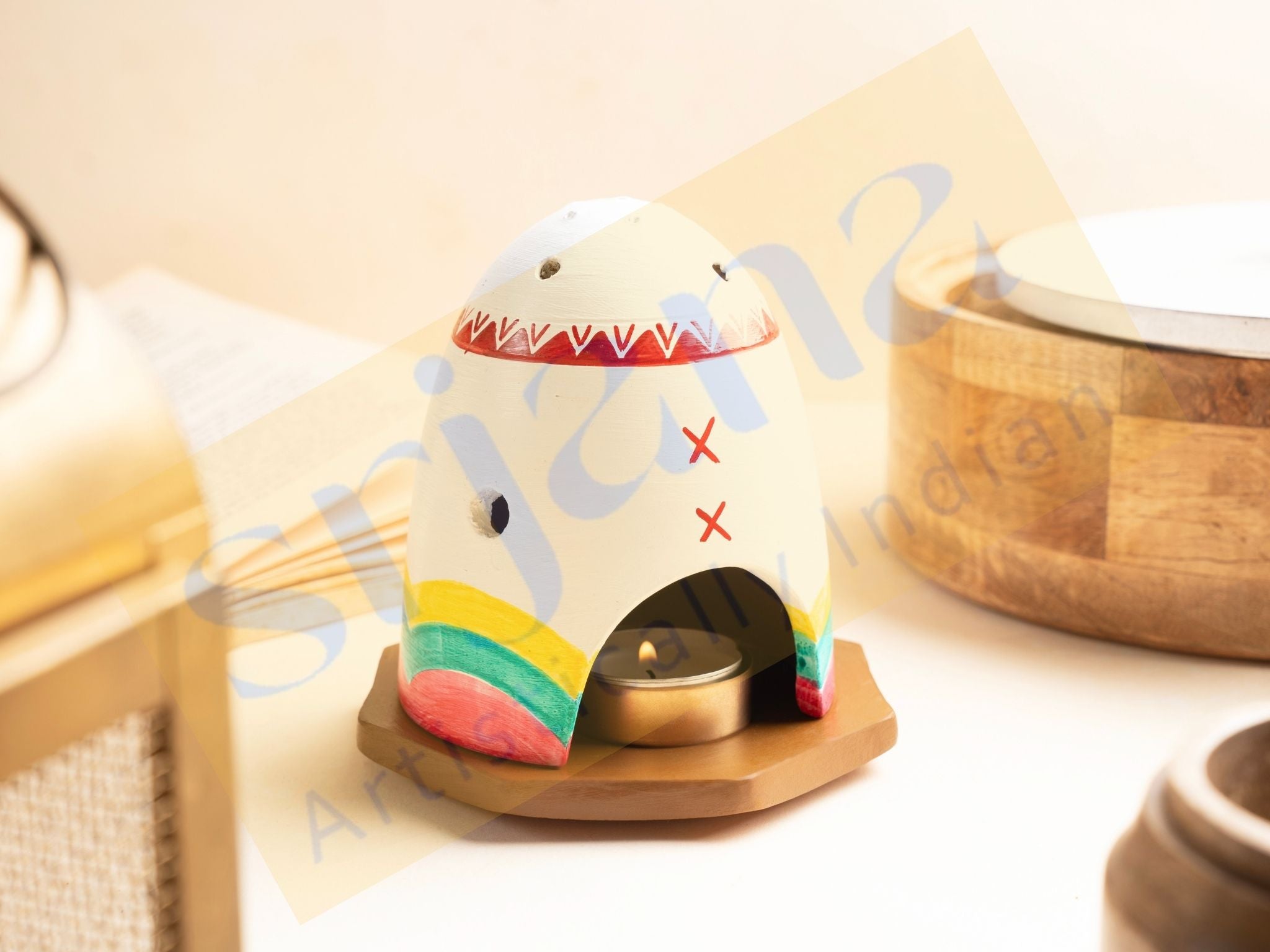 Handpainted Terracotta T-Light & Incense Stick Holder