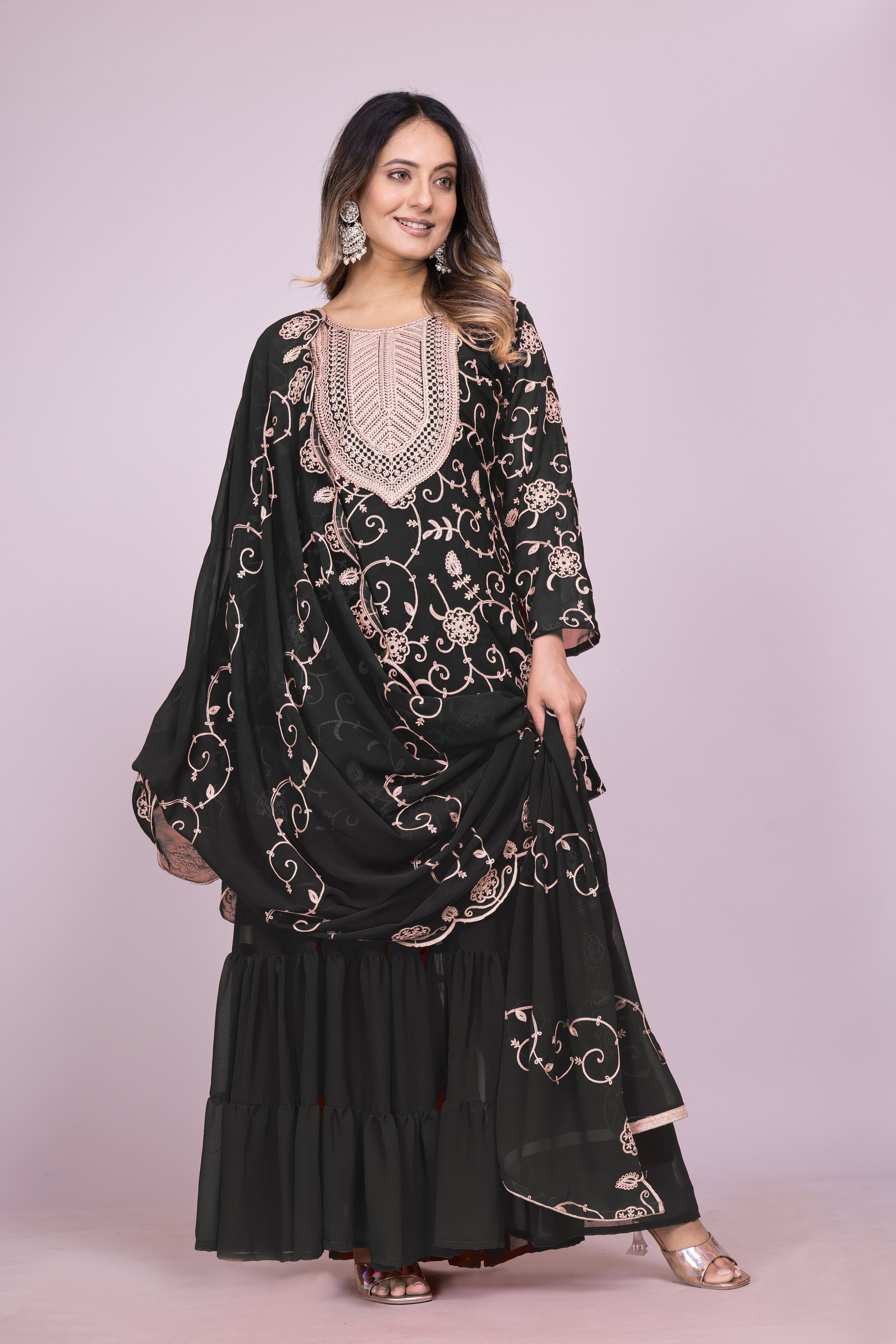 Designer Embroidered Georgette Sharara Suit With Dupatta