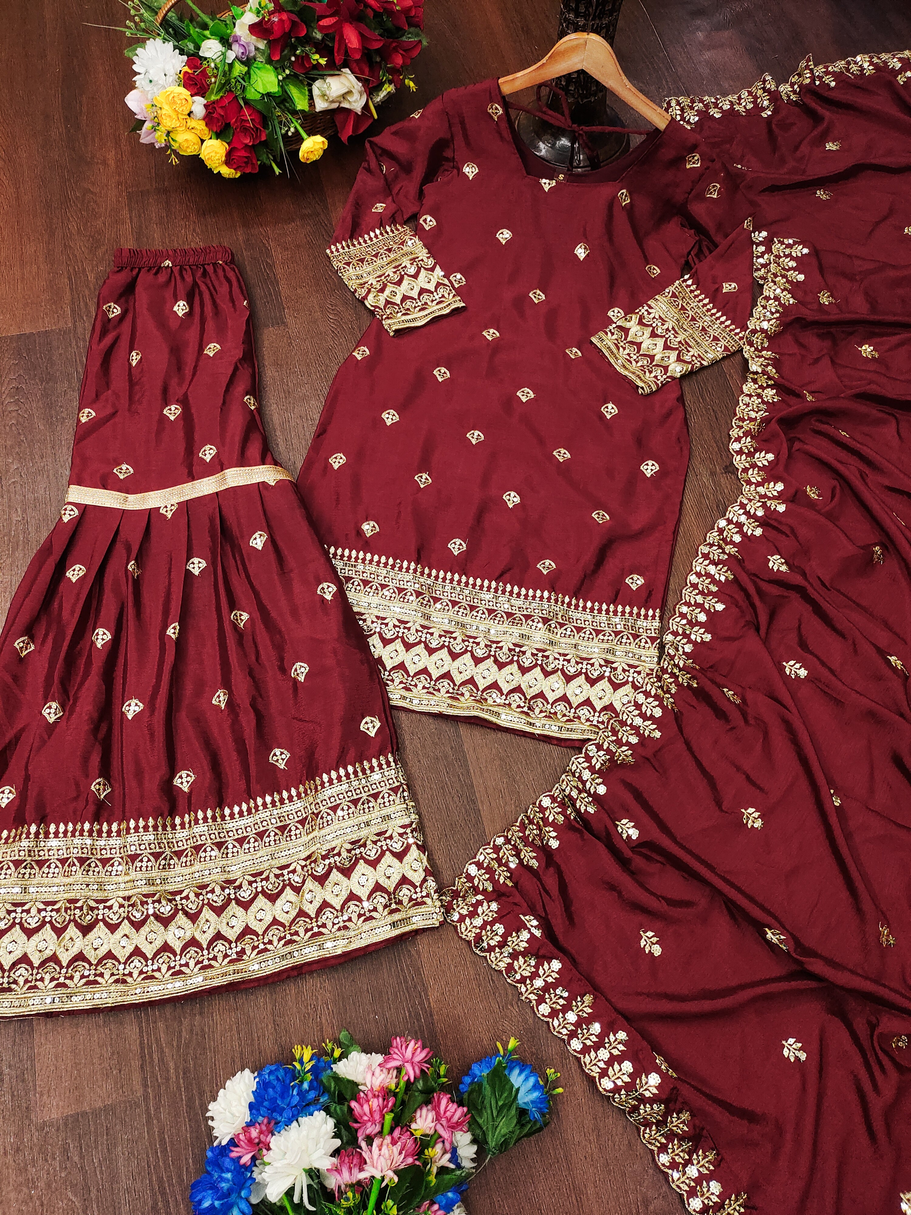 Designer Embroidered Chinon Suit With Sequence Embroidered Work