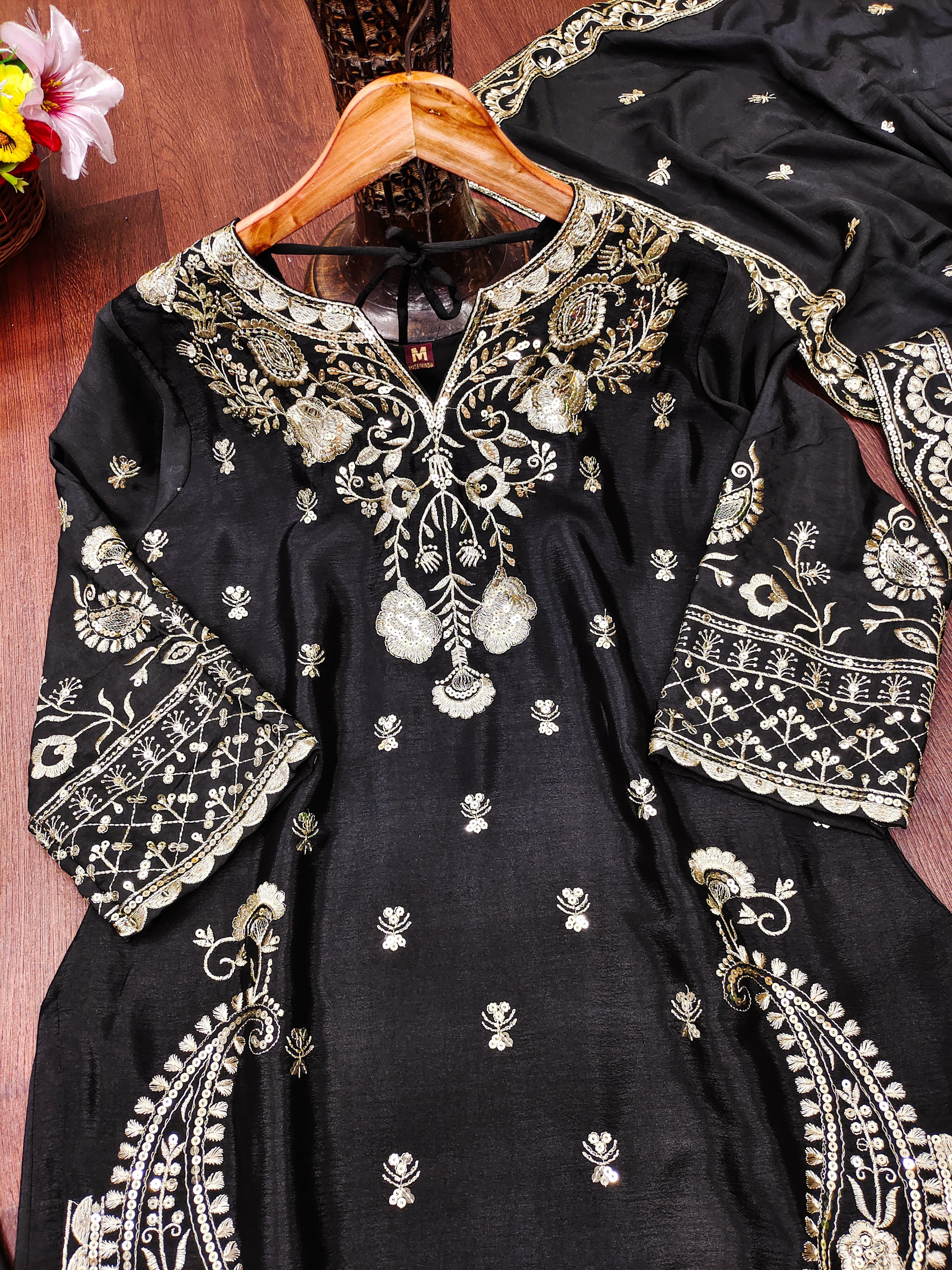 Designer Embroidered Chinon Sharara Suit And Dupatta