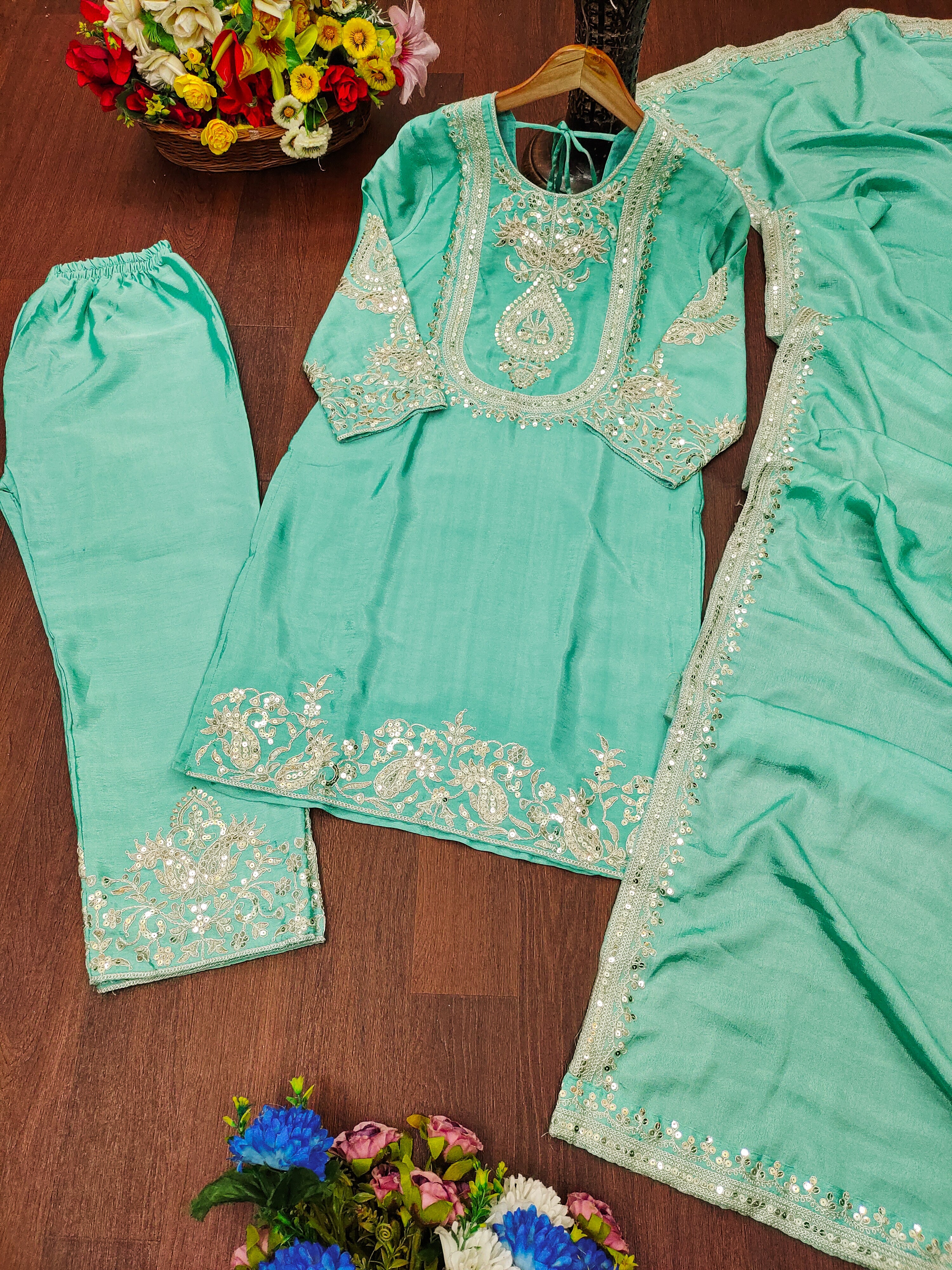 Designer Suit Set With Coding Sequence Embroidered Work