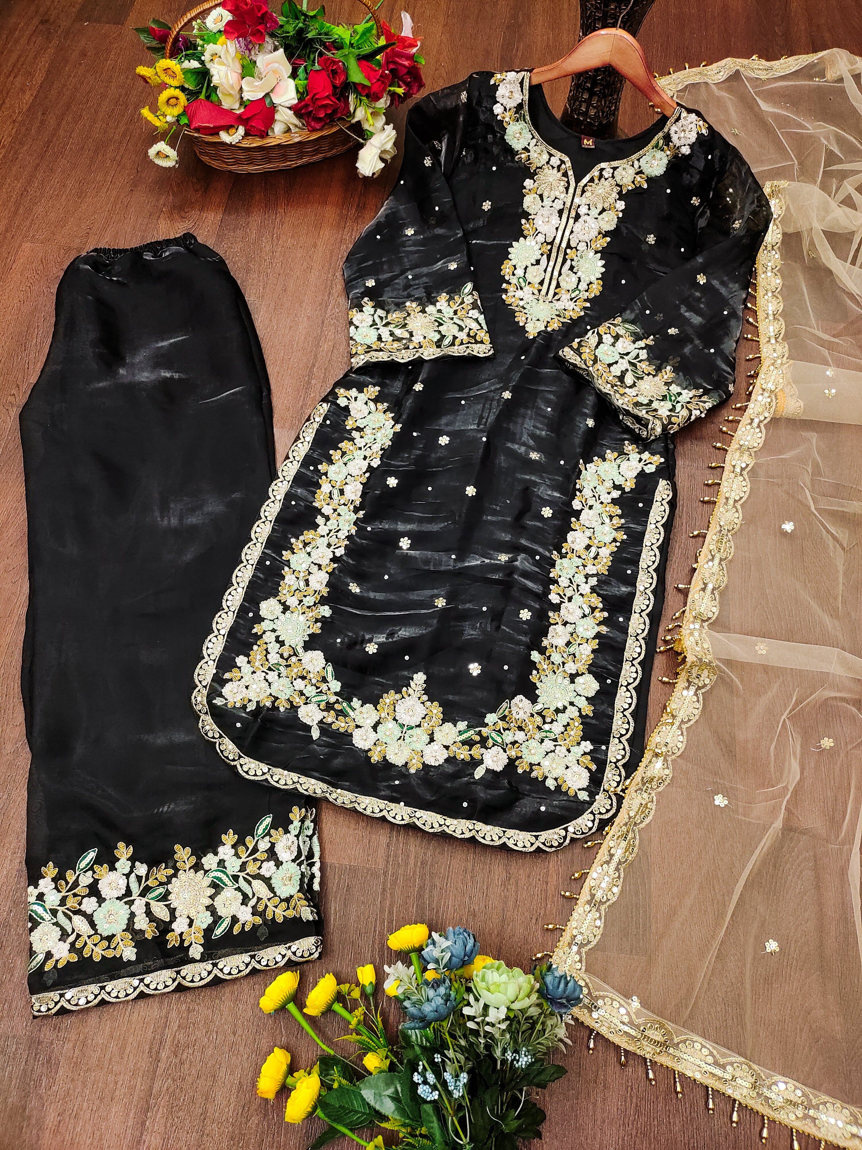 Designer Party Wear Suit Set With Sequence Embroidered Work