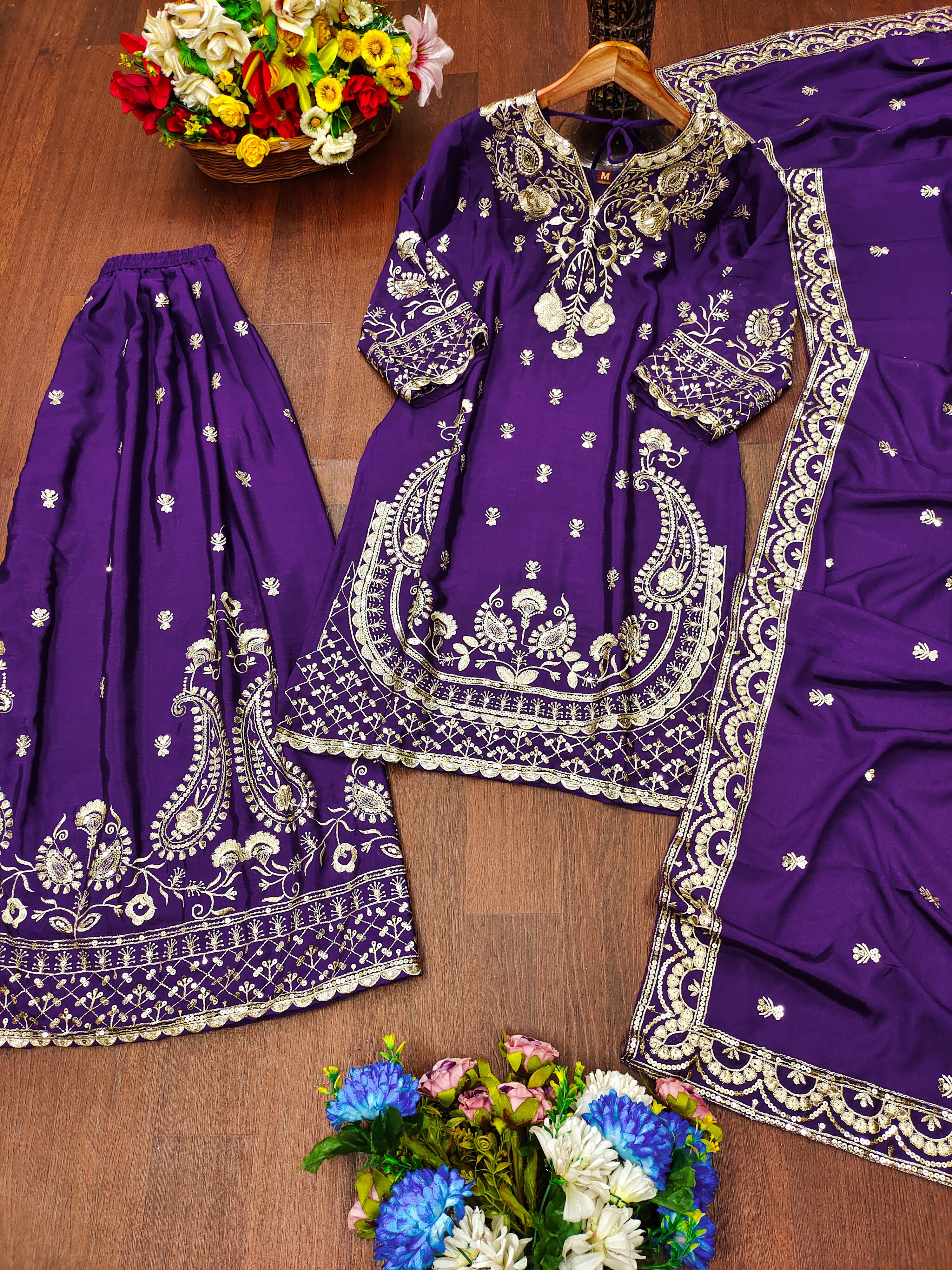 Designer Embroidered Chinon Sharara Suit And Dupatta