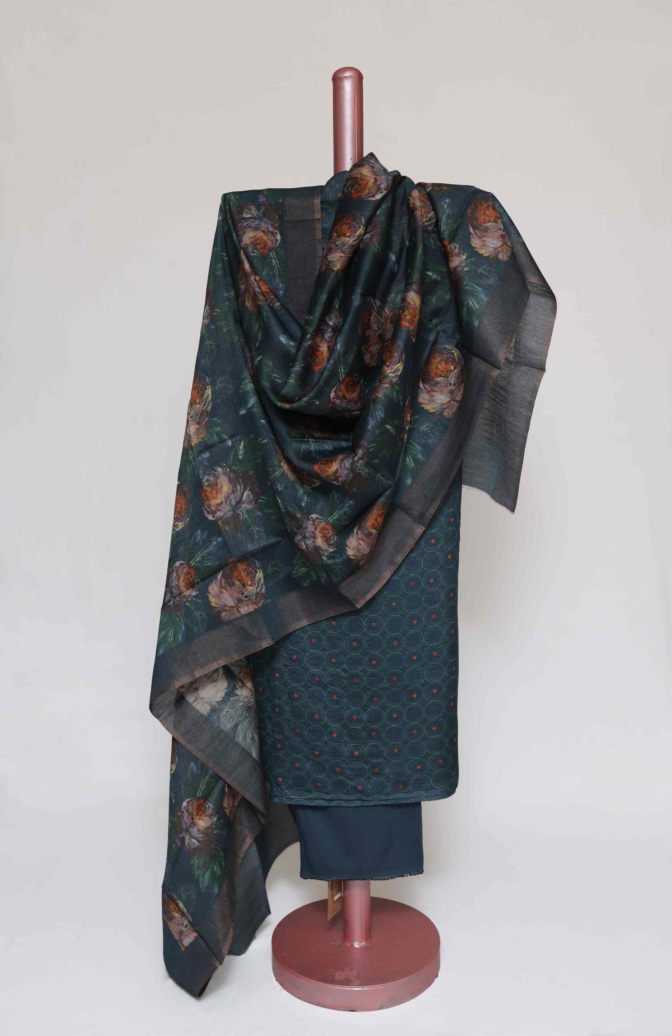 OCEAN BLUE TUSSAR SILK  PRINTED UNSTITCHED SUIT SET