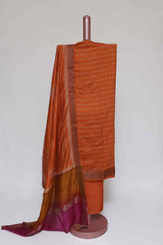 TANGERINE PRINTED TUSSAR SILK  ZARI BORDER UNSTITCHED SUIT SET