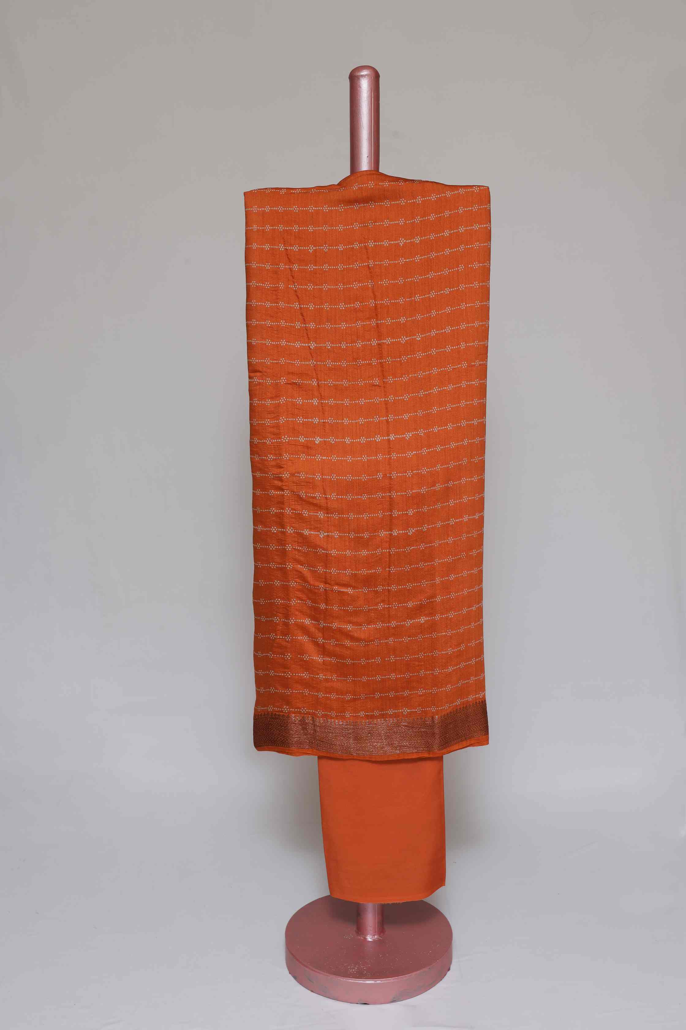 TANGERINE PRINTED TUSSAR SILK  ZARI BORDER UNSTITCHED SUIT SET