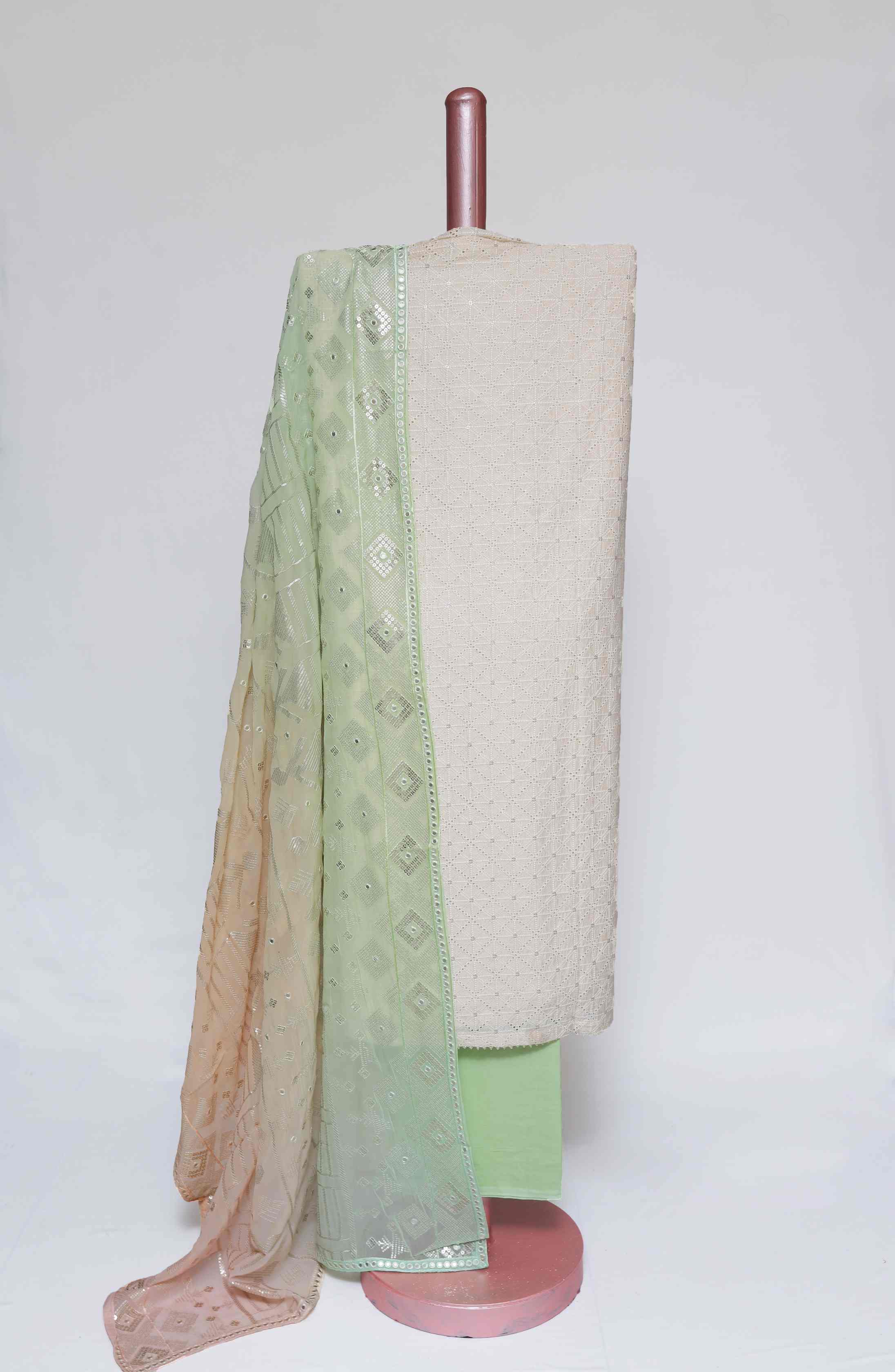 PASTEL GREEN & OFF WHITE  EGYPTIAN COTTON SCHIFELI  UNSTITCHED SUIT SET