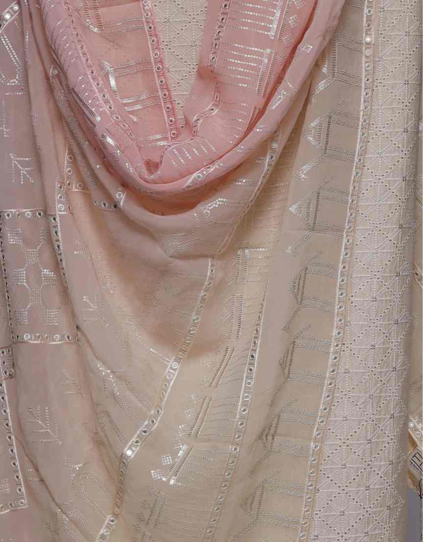 PEACH & OFF WHITE  EGYPTIAN COTTON SCHIFELI  UNSTITCHED SUIT SET