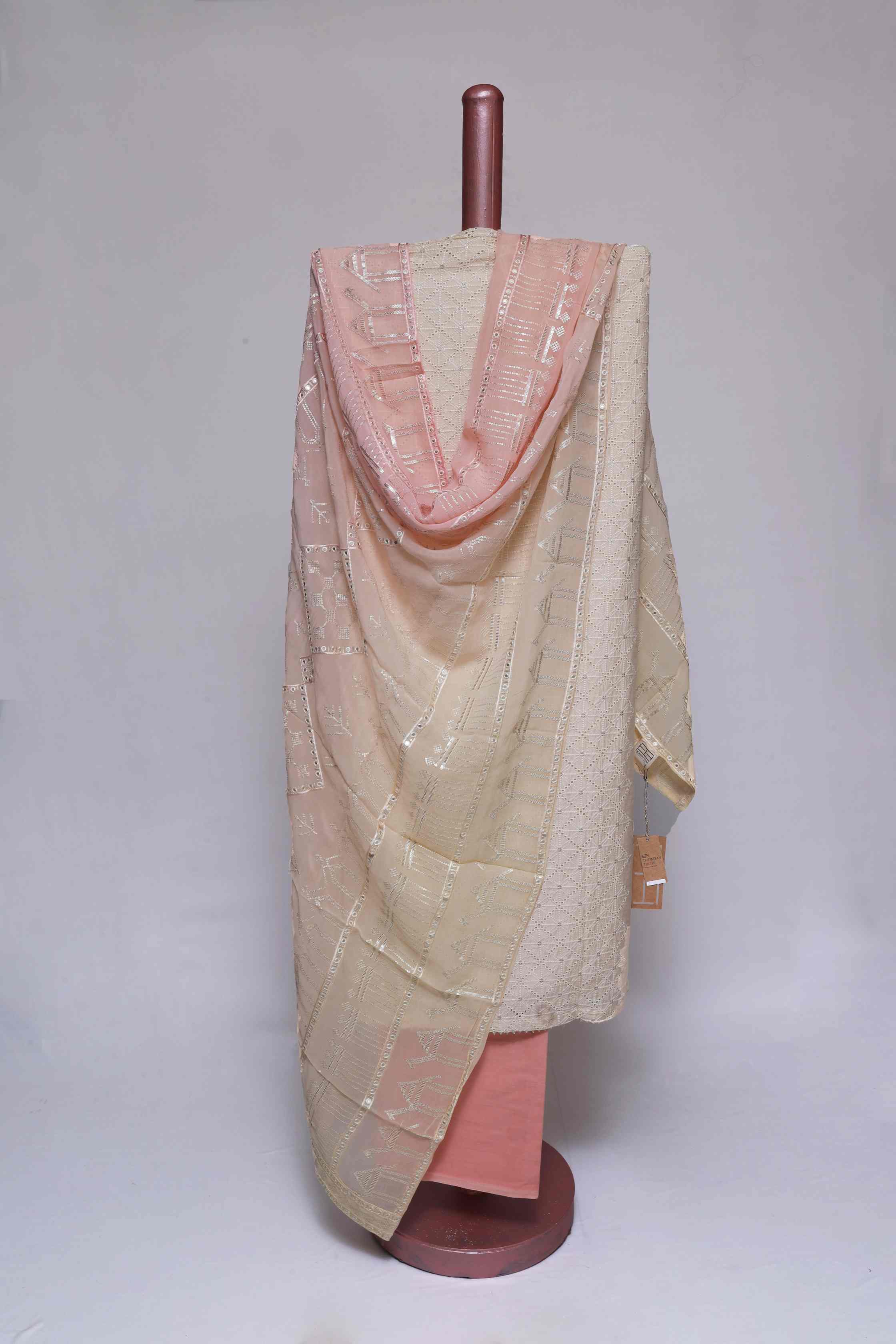 PEACH & OFF WHITE  EGYPTIAN COTTON SCHIFELI  UNSTITCHED SUIT SET