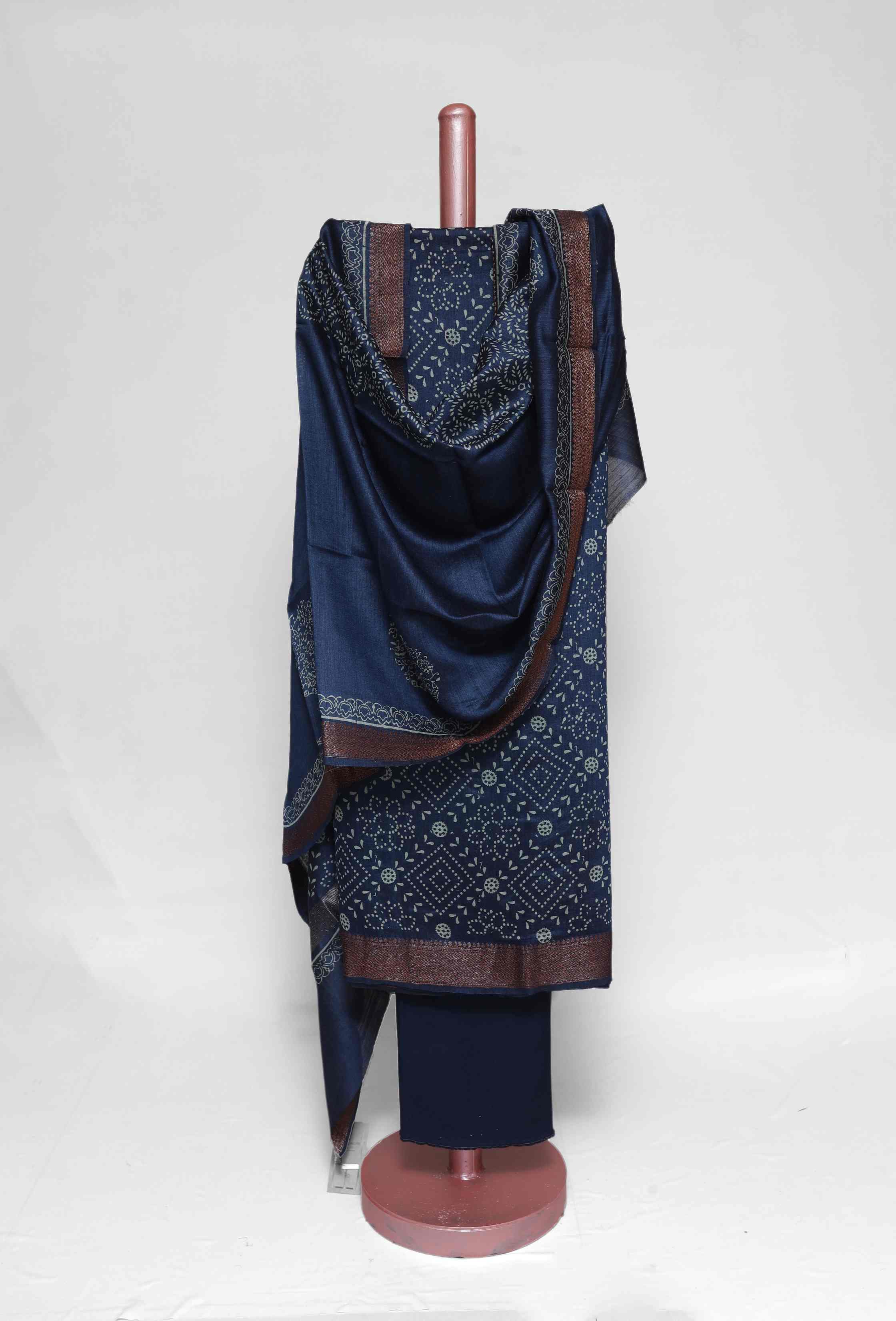 TEAL BLUE PRINTED TUSSAR SILK  ZARI BORDER UNSTITCHED SUIT SET