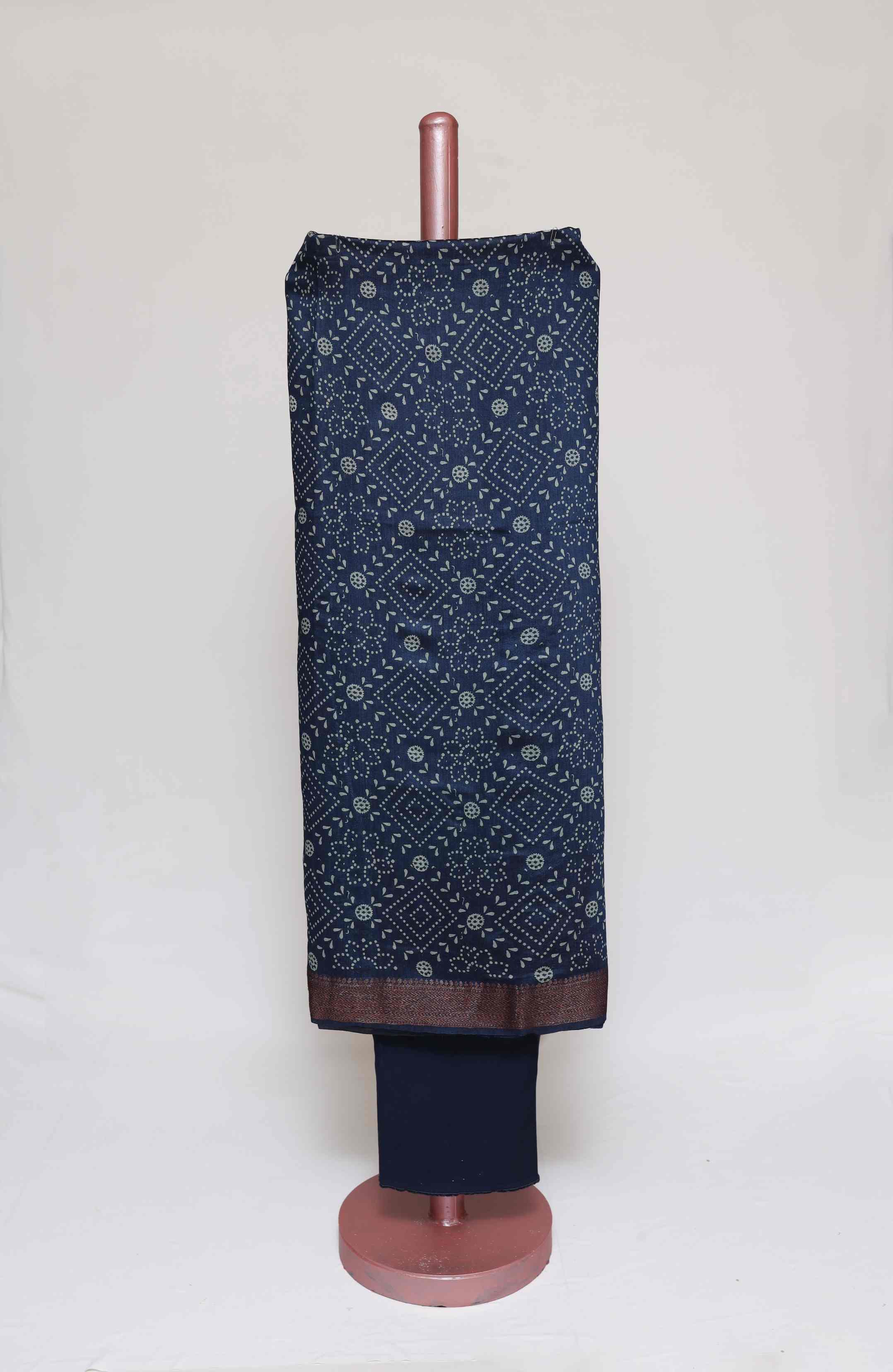 TEAL BLUE PRINTED TUSSAR SILK  ZARI BORDER UNSTITCHED SUIT SET