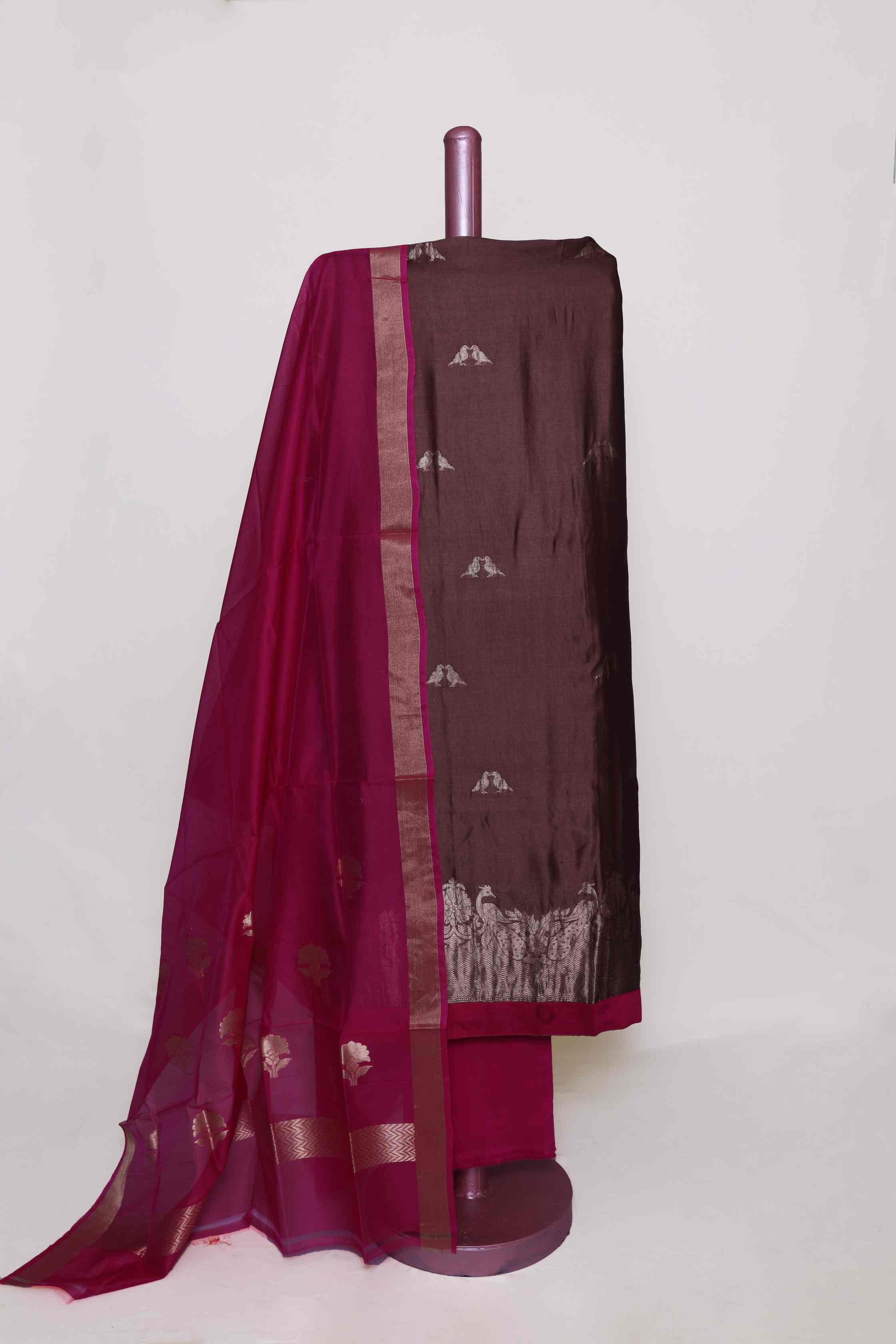 BROWN-PINK CHANDERI  ZARI UNSTITCHED SUIT SET
