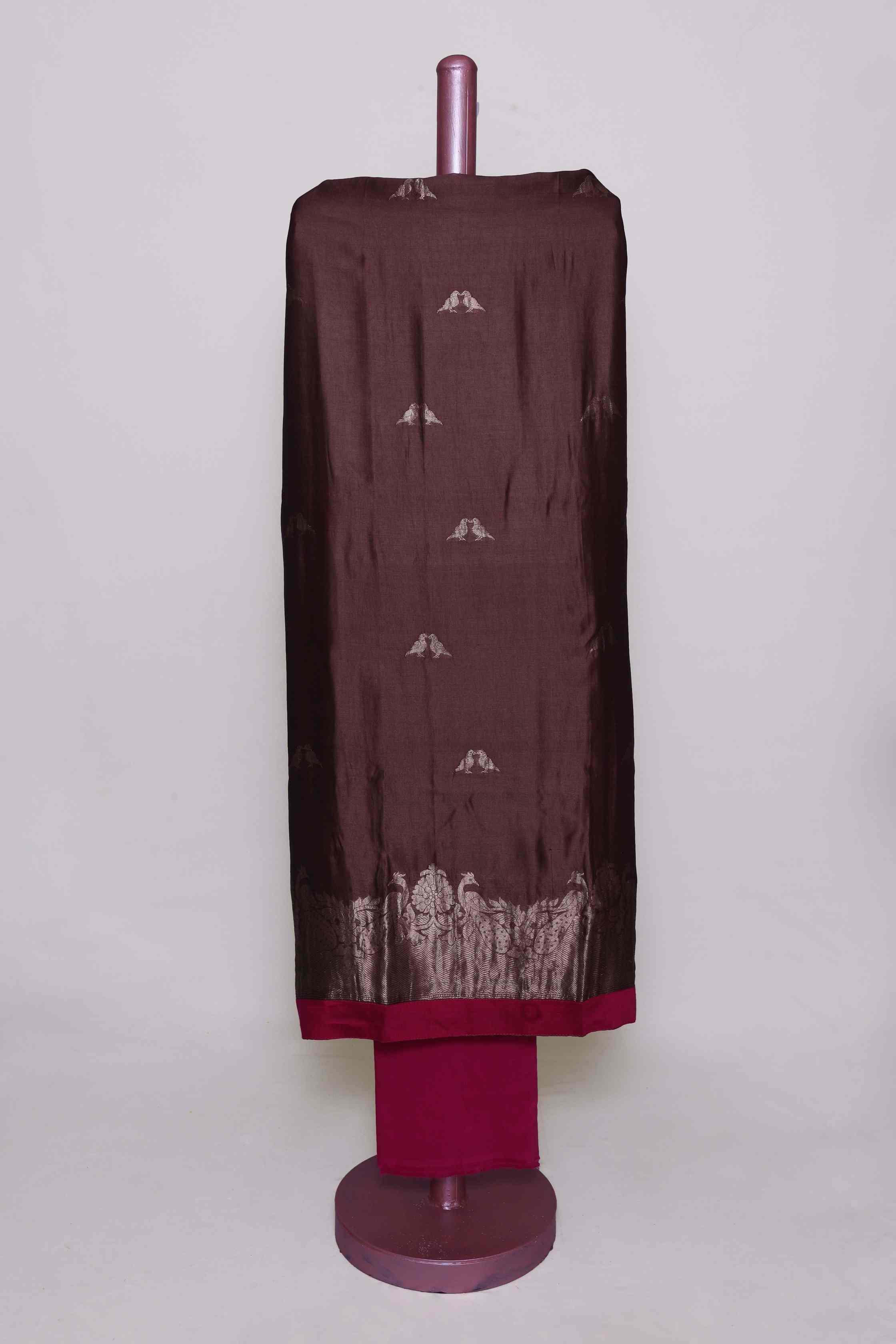 BROWN-PINK CHANDERI  ZARI UNSTITCHED SUIT SET