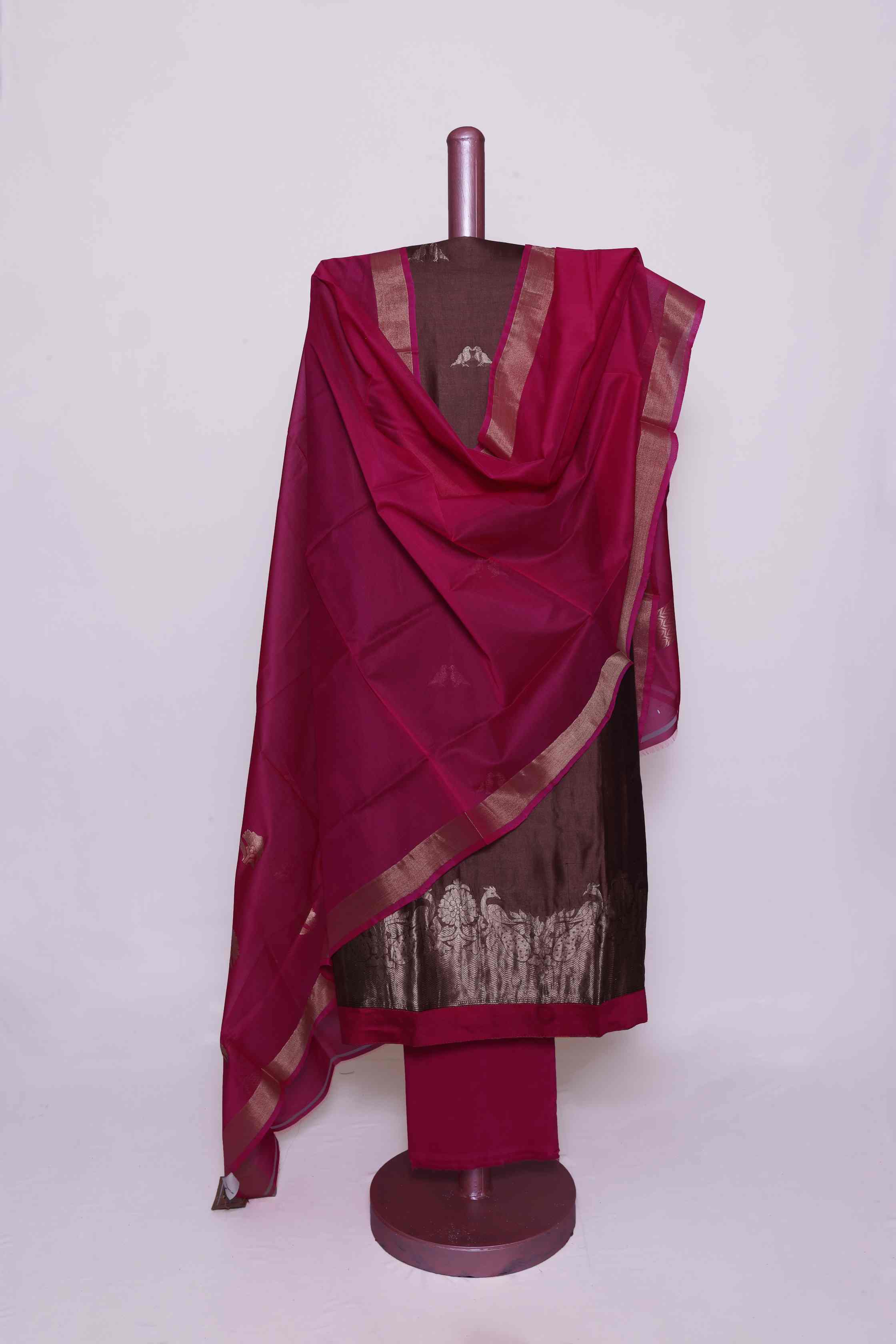 BROWN-PINK CHANDERI  ZARI UNSTITCHED SUIT SET