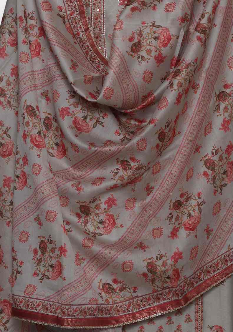SLATE GREY COTTON SILK  PRINTED UNSTITCHED SUIT SET