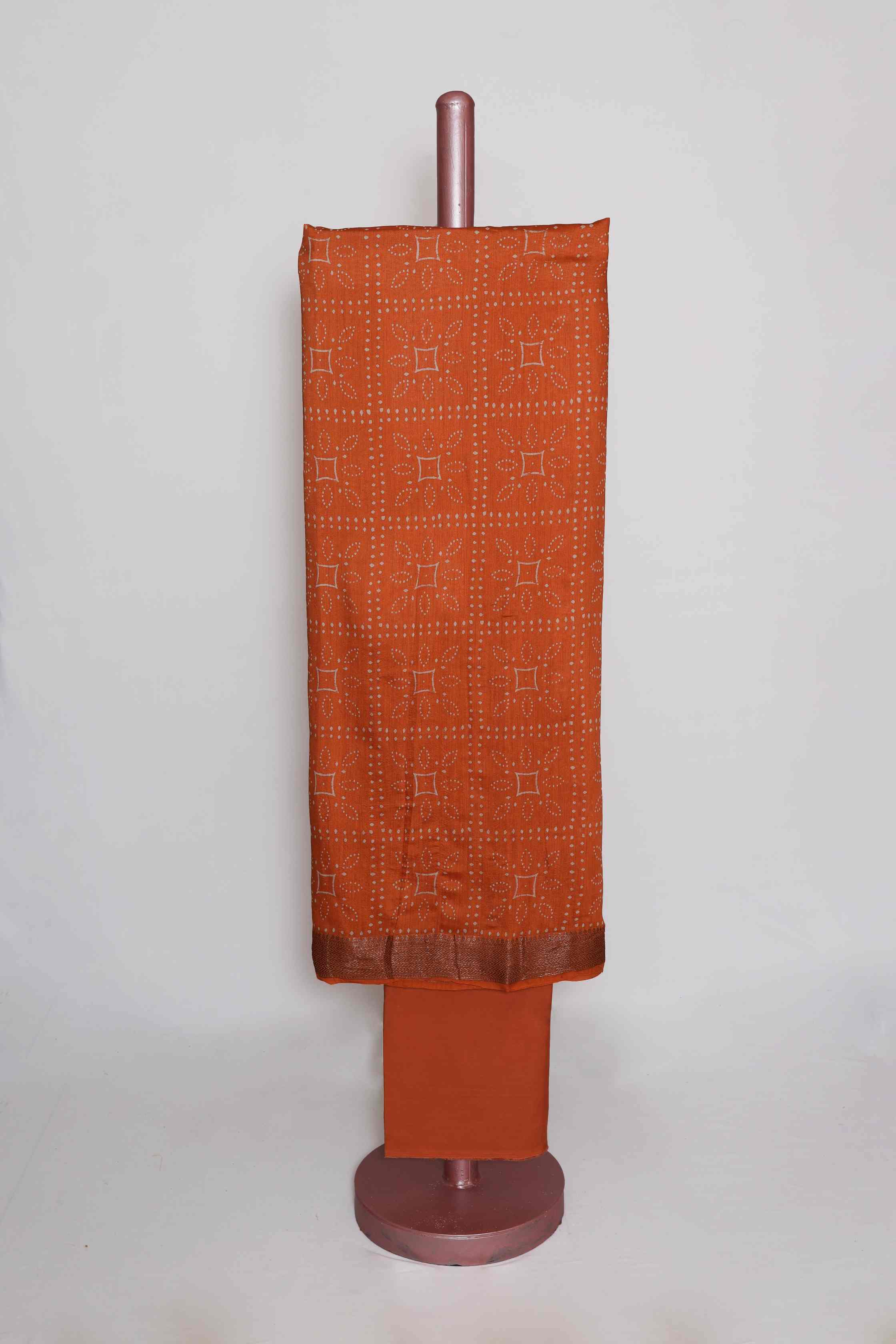 TANGERINE PRINTED TUSSAR SILK  ZARI BORDER UNSTITCHED SUIT SET