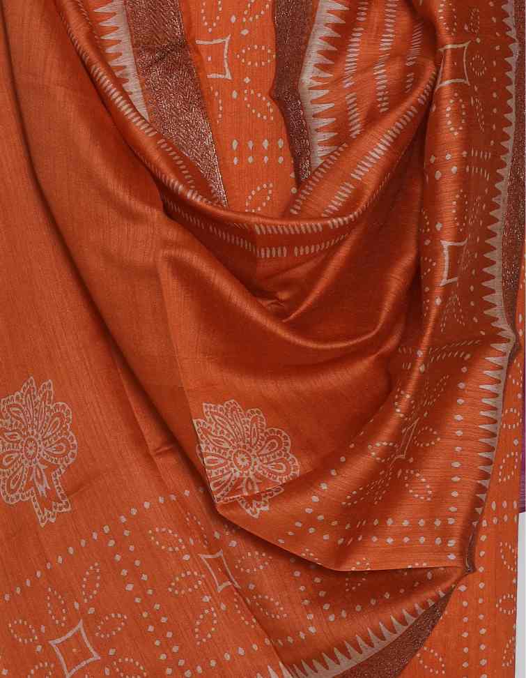 TANGERINE PRINTED TUSSAR SILK  ZARI BORDER UNSTITCHED SUIT SET