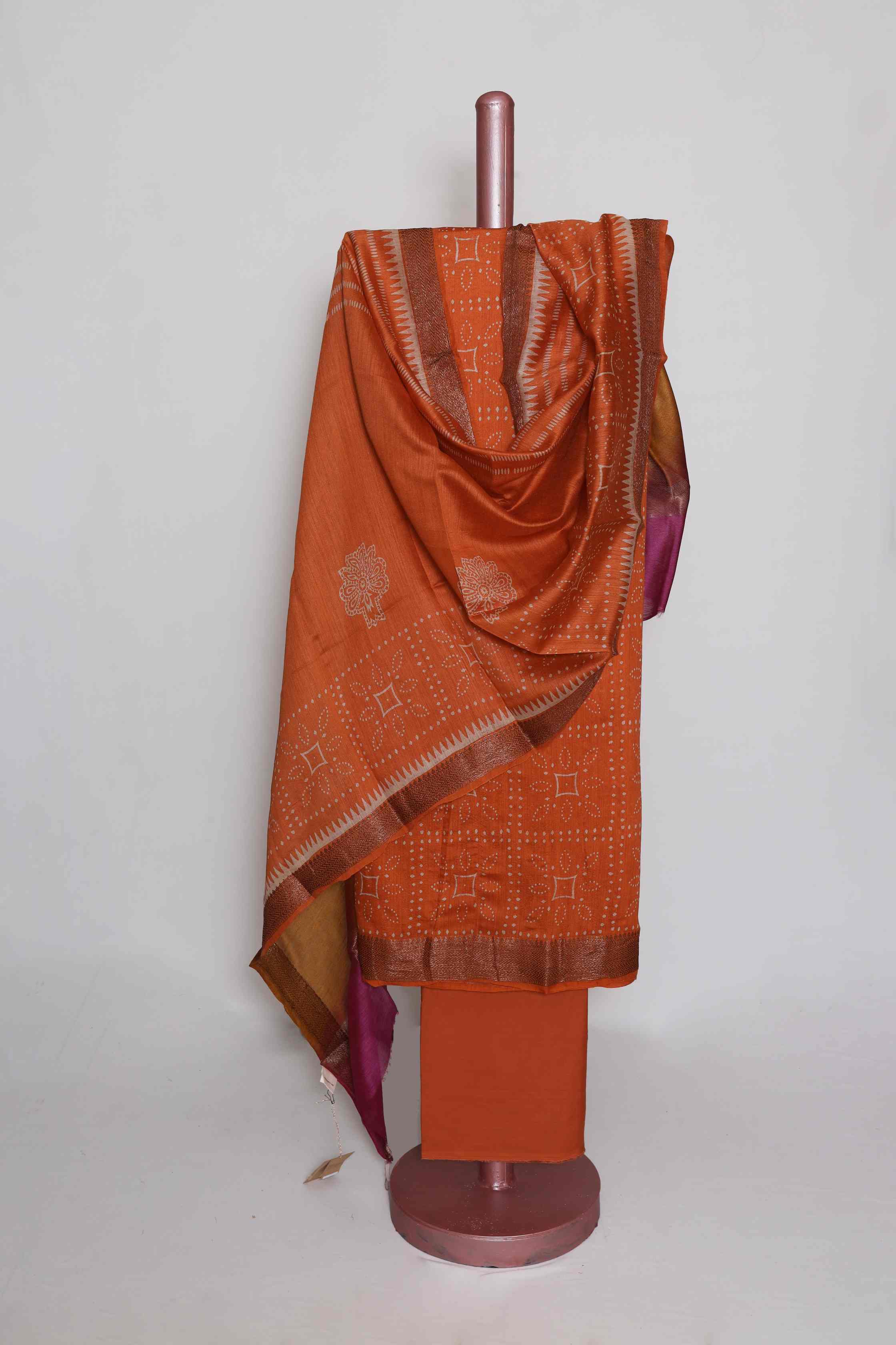 TANGERINE PRINTED TUSSAR SILK  ZARI BORDER UNSTITCHED SUIT SET