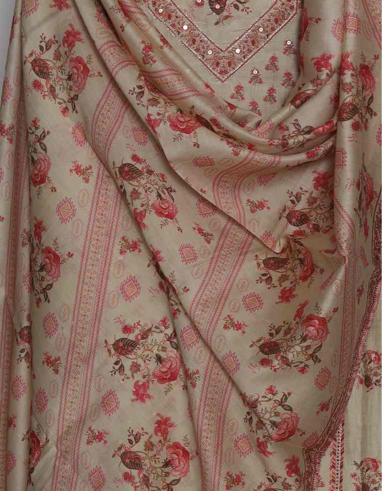 BEIGE COTTON SILK  PRINTED UNSTITCHED SUIT SET