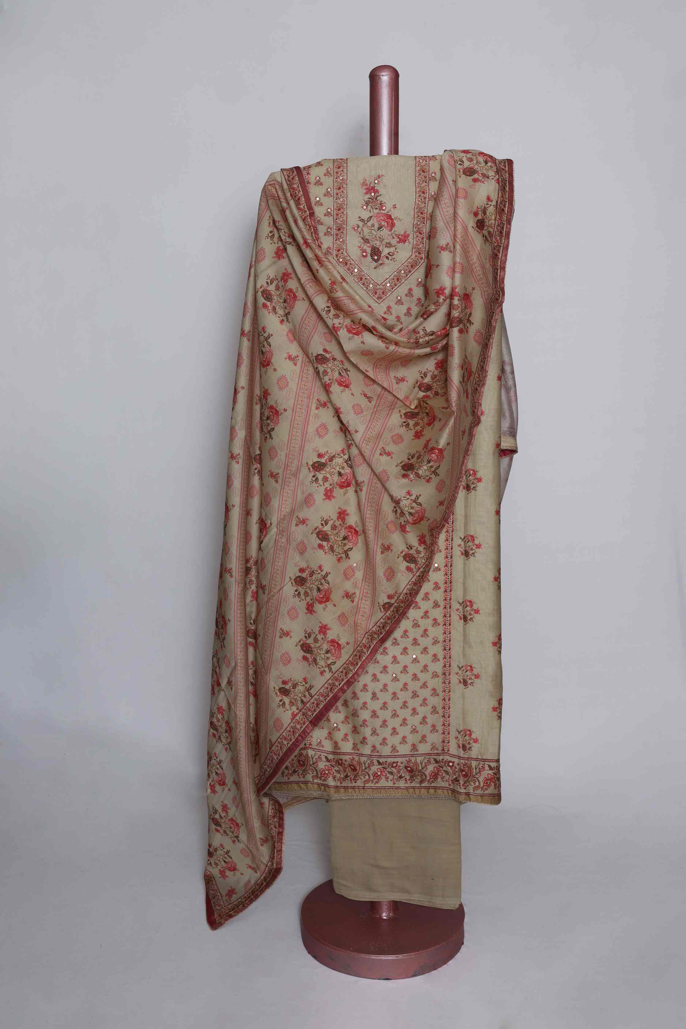 BEIGE COTTON SILK  PRINTED UNSTITCHED SUIT SET