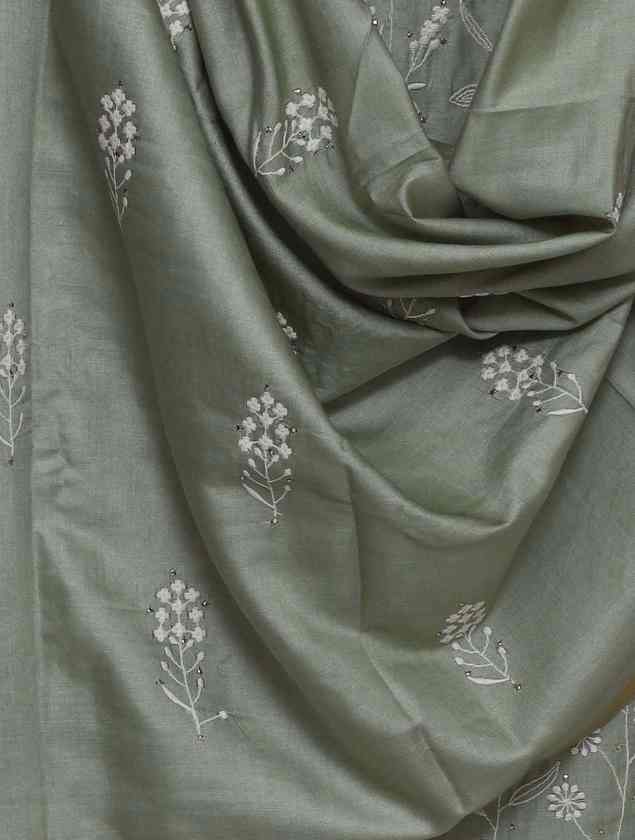 PASTEL GREEN TUSSAR SILK  EMBROIDERED UNSTITCHED  SUIT SET