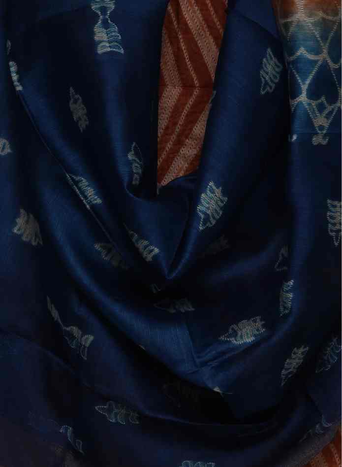 BROWN TIE N DYE TUSSAR SILK  UNSTITCHED SUIT SET WITH  CONTRAST PRINTED DUPATT