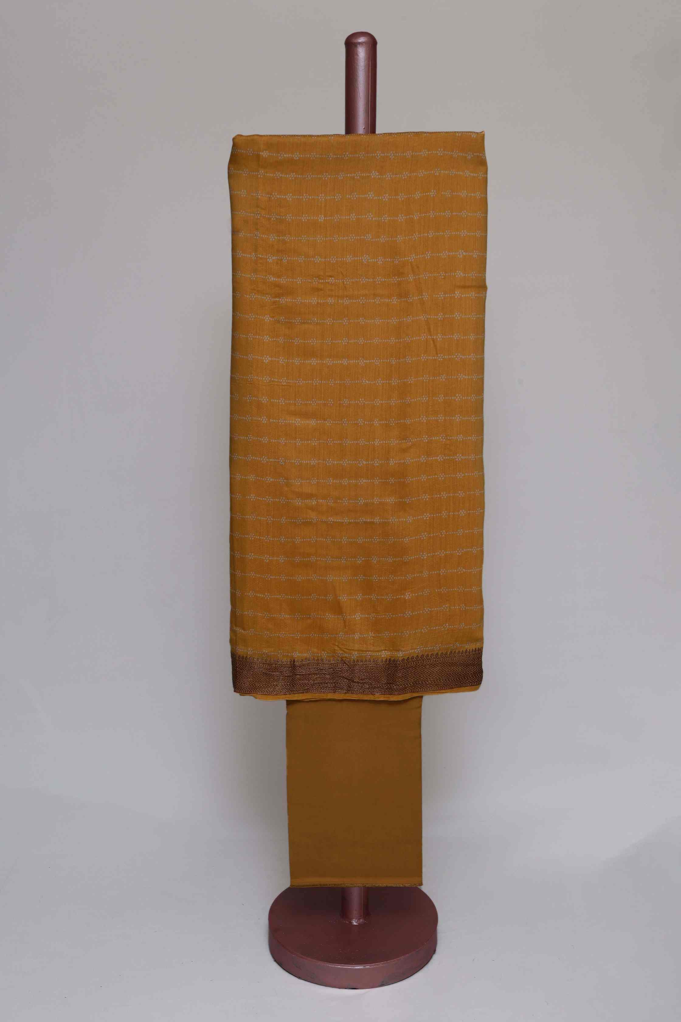 TURMERIC YELLOW PRINTED TUSSAR SILK  ZARI BORDER UNSTITCHED SUIT SET