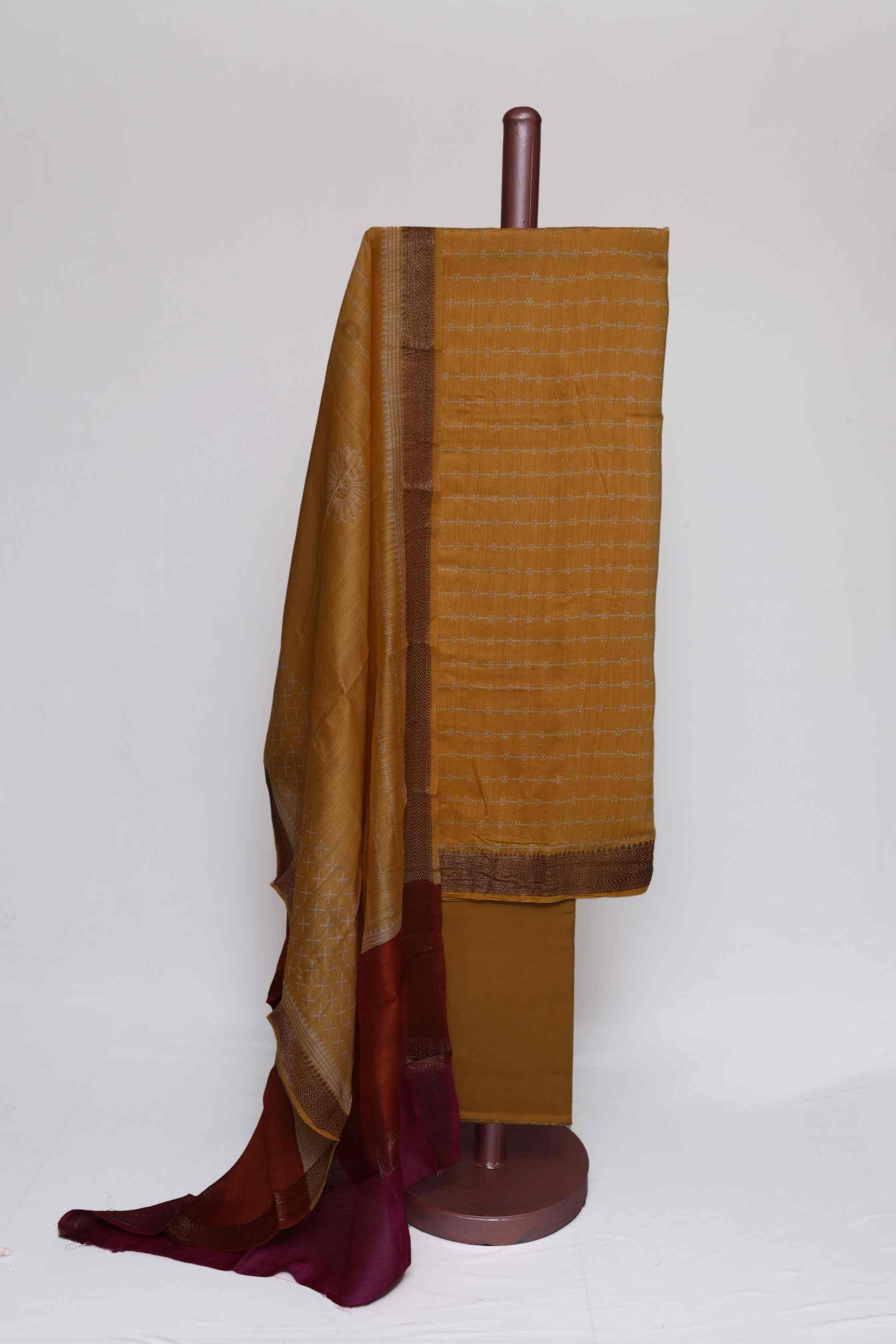 TURMERIC YELLOW PRINTED TUSSAR SILK  ZARI BORDER UNSTITCHED SUIT SET