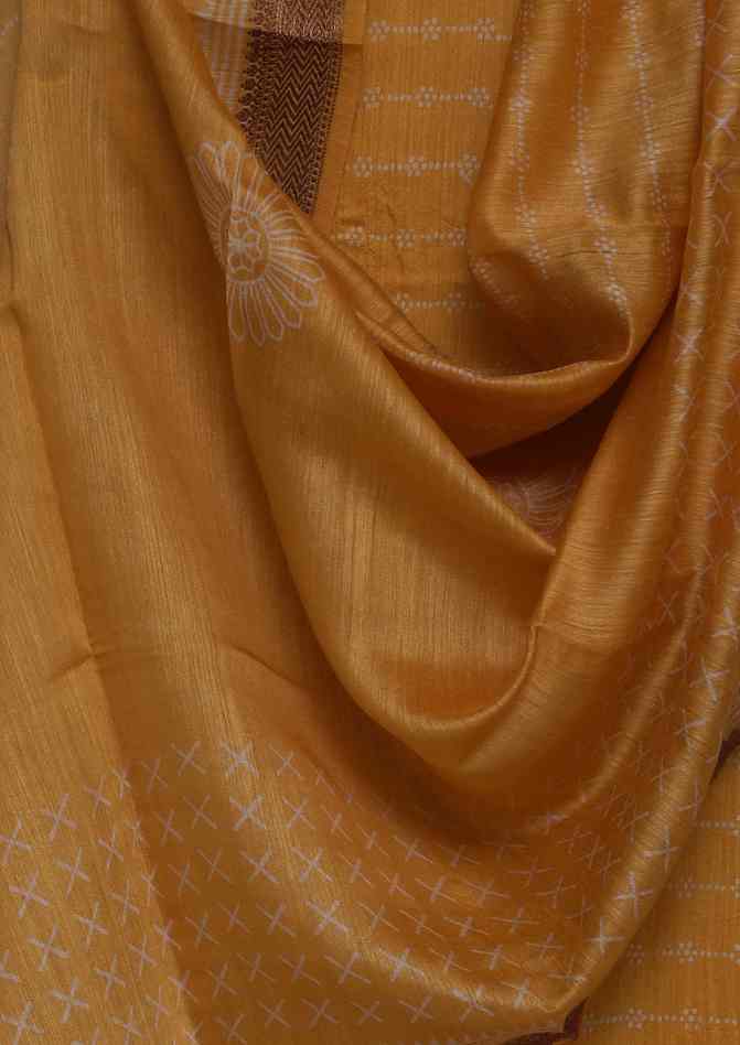 TURMERIC YELLOW PRINTED TUSSAR SILK  ZARI BORDER UNSTITCHED SUIT SET