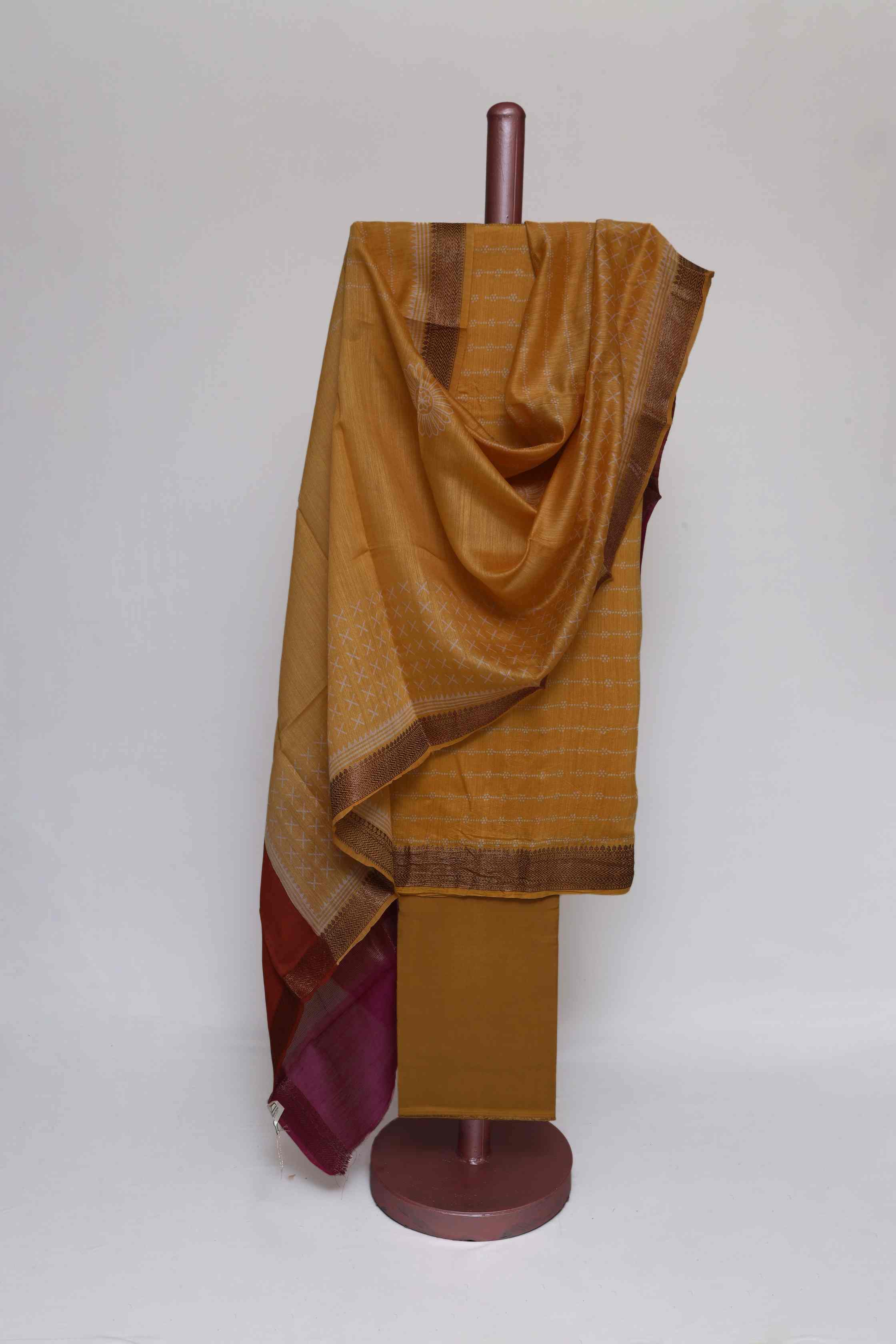 TURMERIC YELLOW PRINTED TUSSAR SILK  ZARI BORDER UNSTITCHED SUIT SET