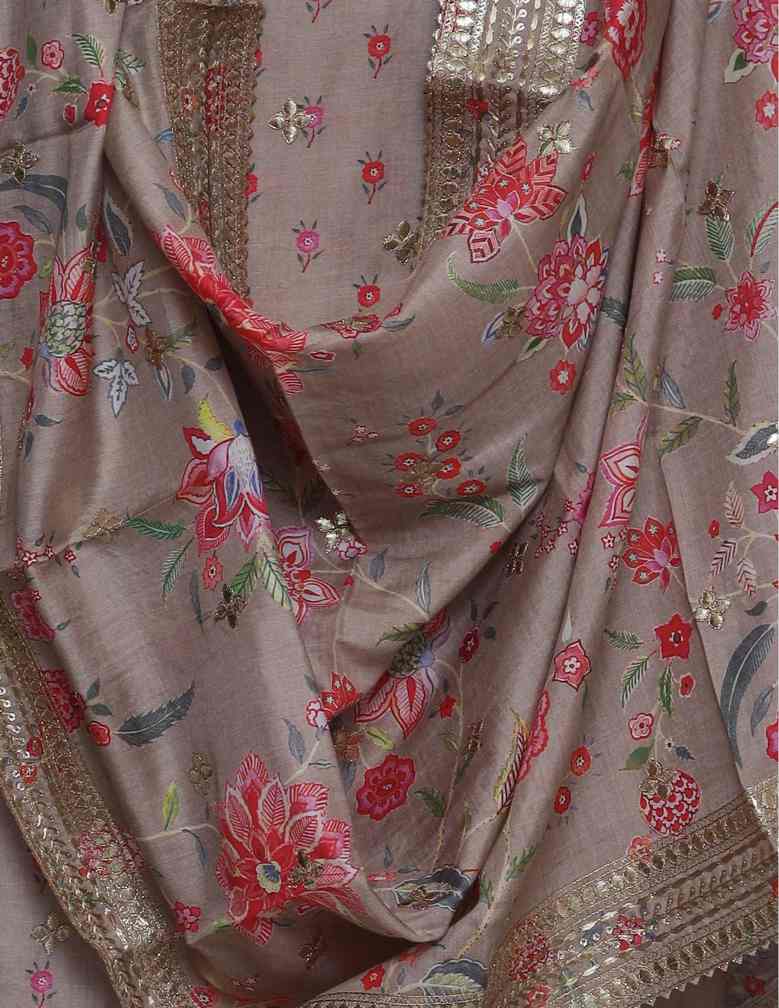 BEIGE PRINTED MODAL SILK  UNSTITCHED SUIT SET
