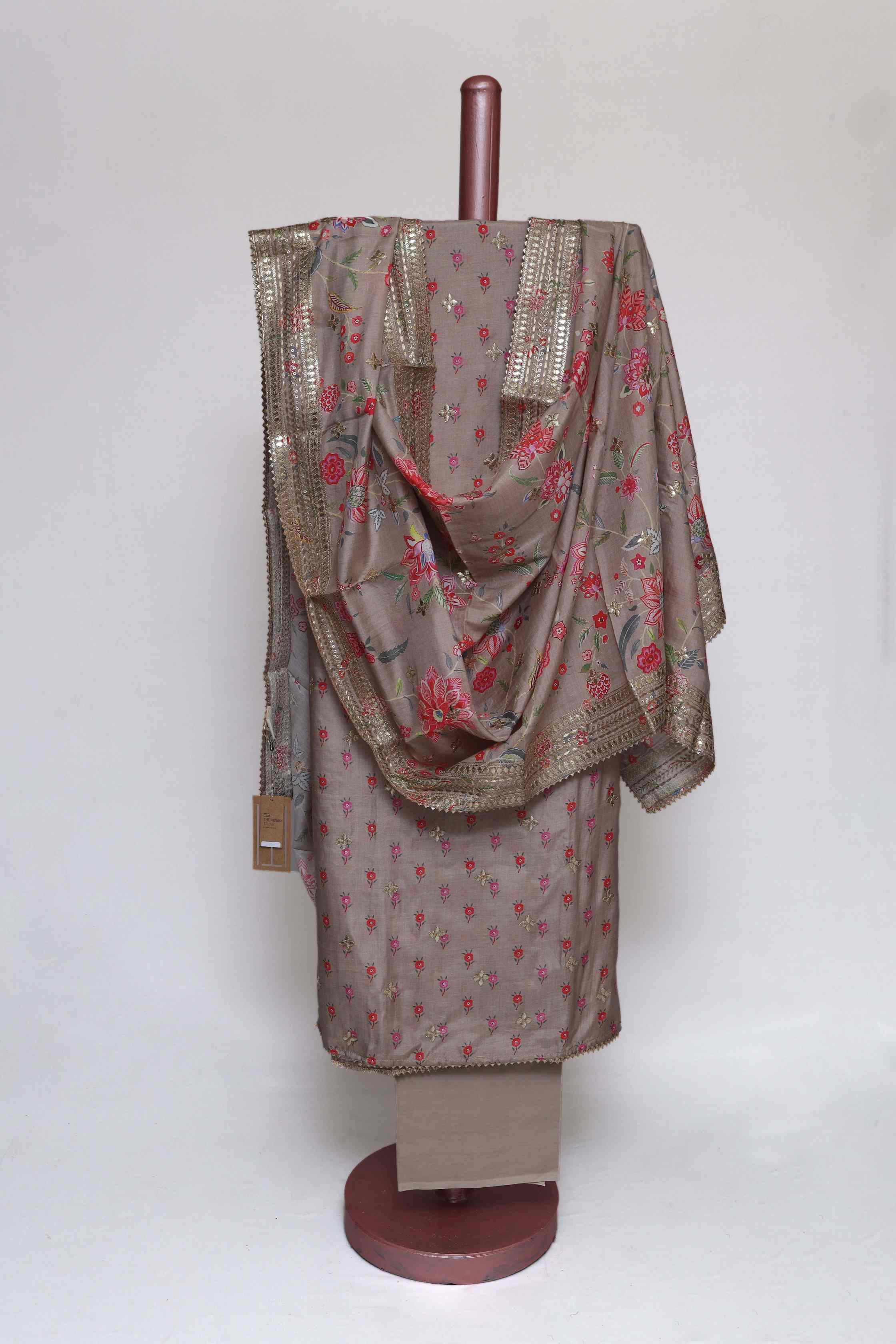 BEIGE PRINTED MODAL SILK  UNSTITCHED SUIT SET