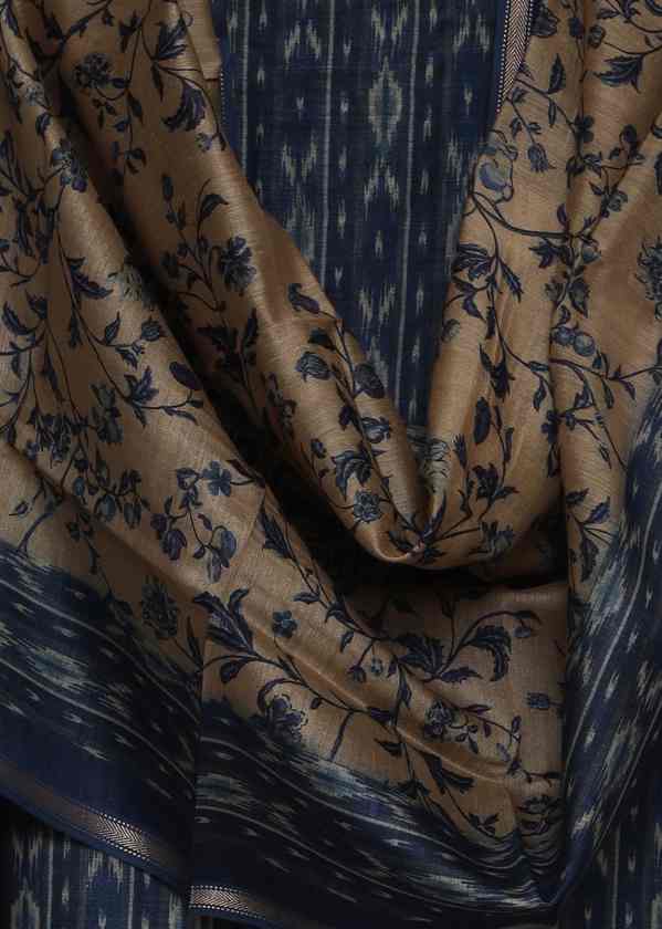 TEAL BLUE PRINTED TUSSAR SILK  UNSTITCHED SUIT SET