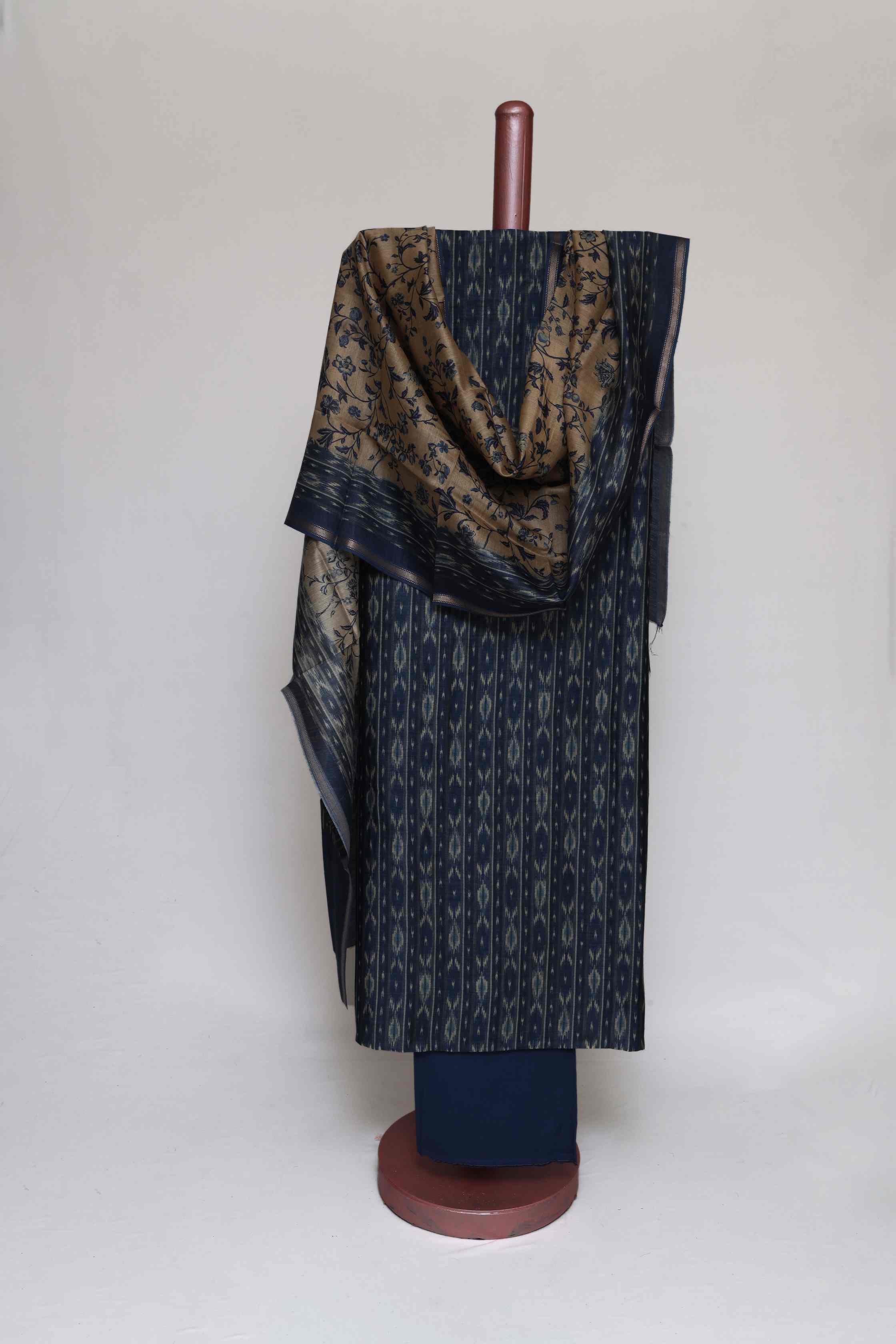TEAL BLUE PRINTED TUSSAR SILK  UNSTITCHED SUIT SET