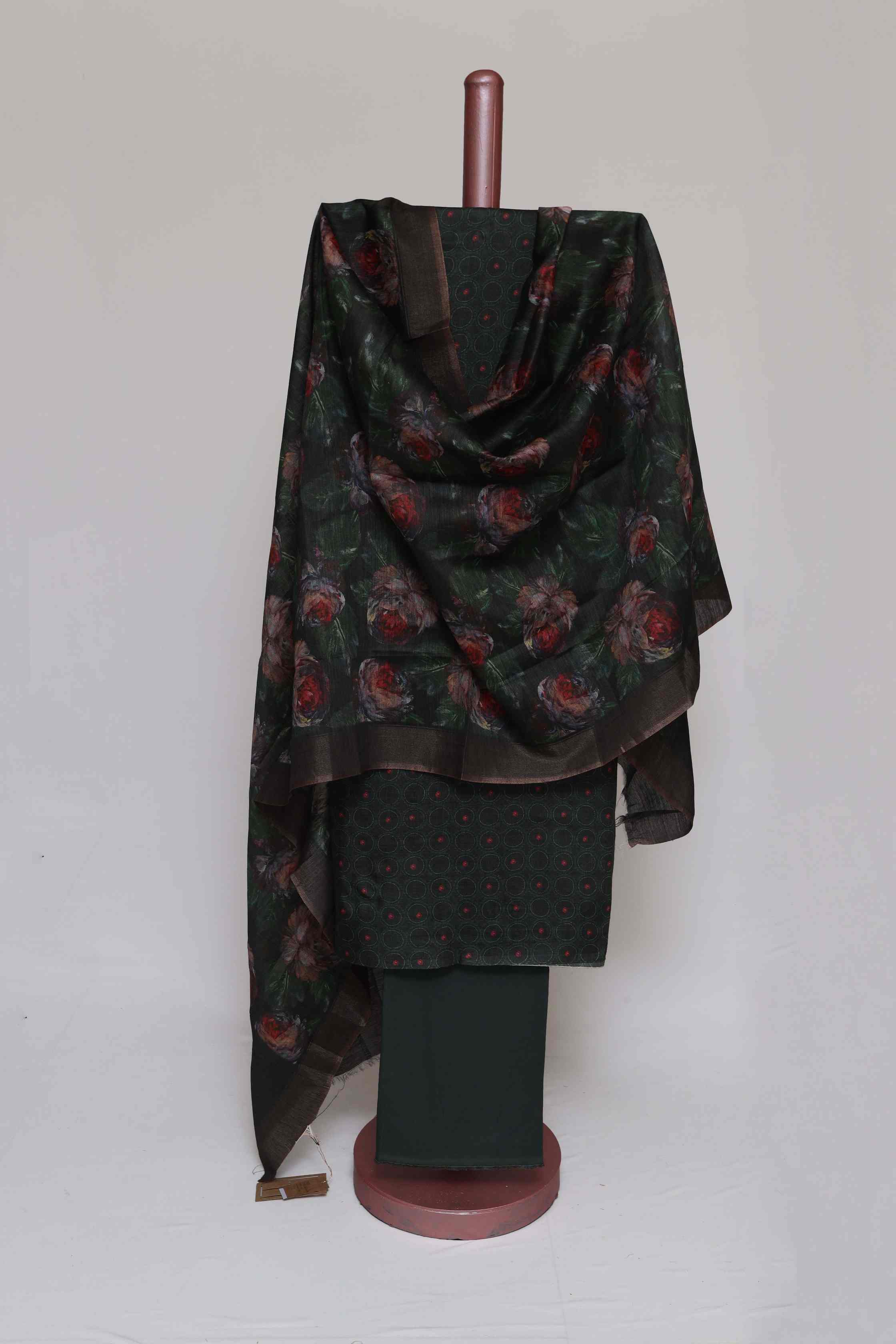 FOREST GREEN TUSSAR SILK  PRINTED UNSTITCHED SUIT SET