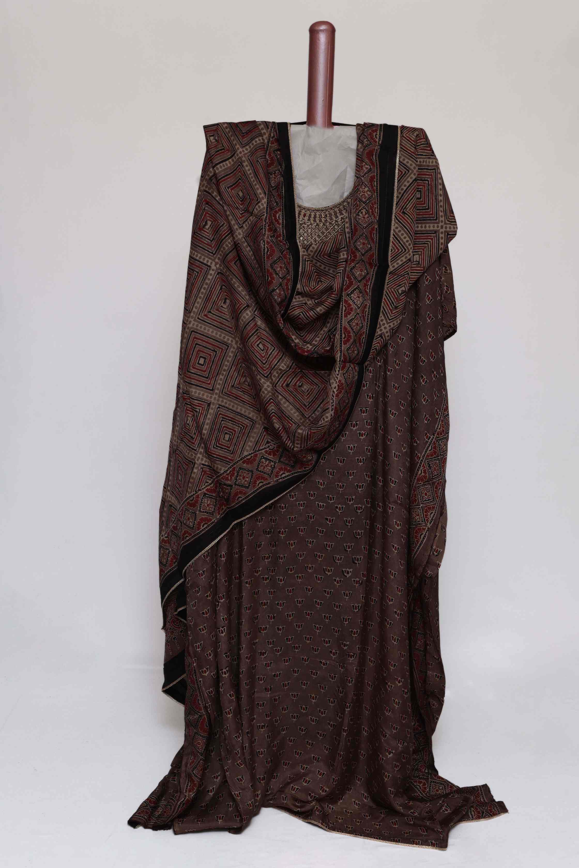 BROWN PRINTED MODAL  SEMI STITCHED SUIT SET